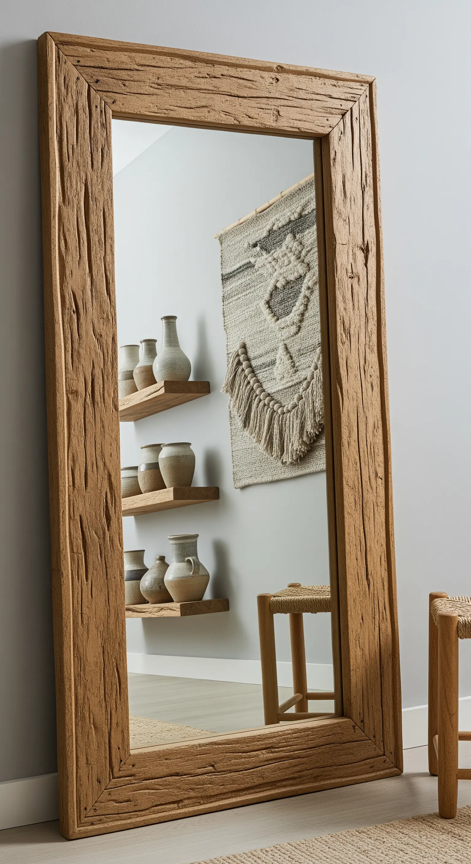 Specchio a figura intera con una cornice molto spessa in legno grezzo, appoggiato a una parete grigia.