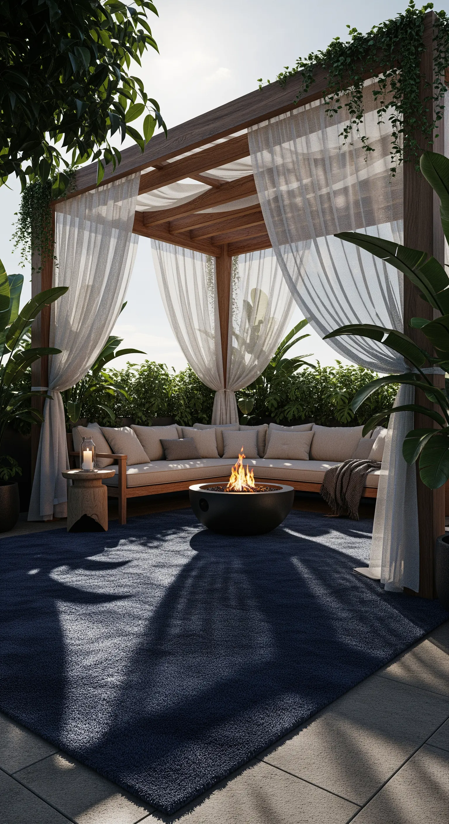 Terrazza con pergola, divano angolare beige, tappeto blu scuro e braciere al centro.