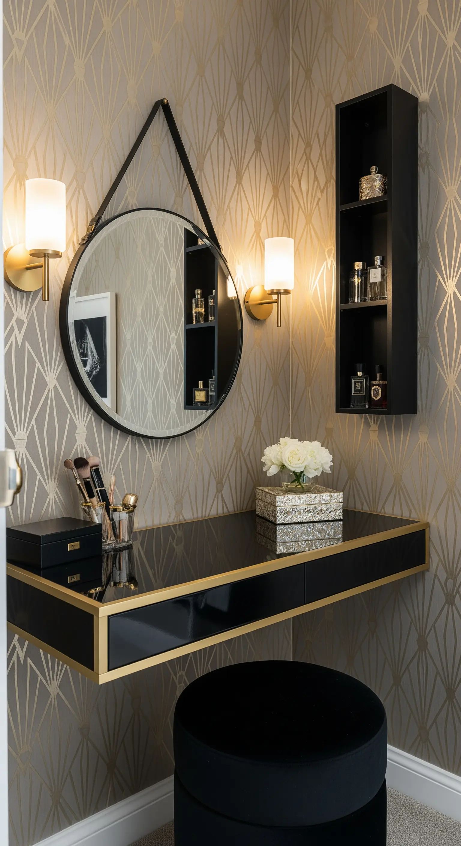 Consolle sospesa nera e oro usata come toeletta, con specchio rotondo e carta da parati Art Déco.