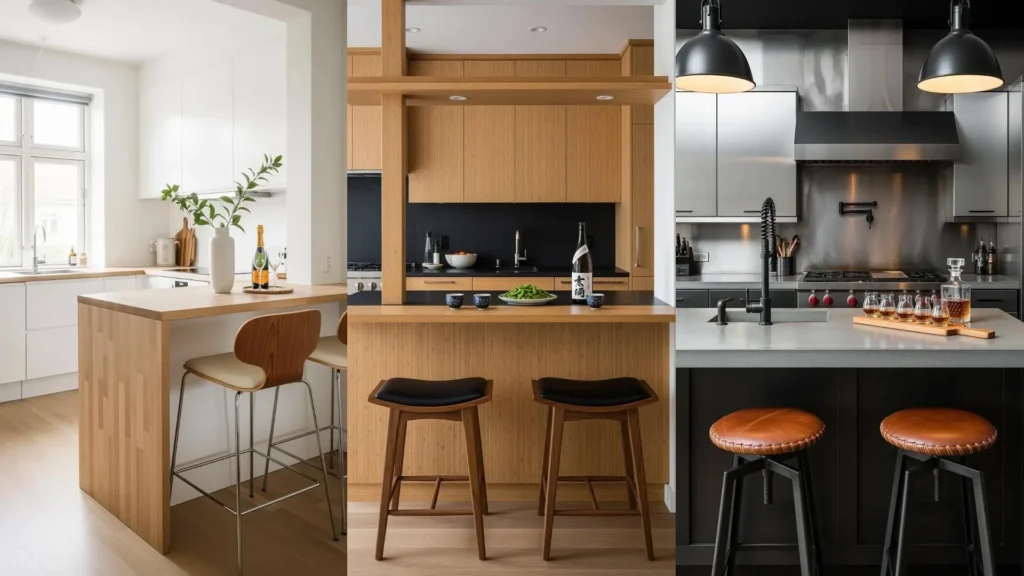 Tre angoli bar in cucine moderne con banconi eleganti e sgabelli in pelle, perfetti per aperitivi casalinghi.