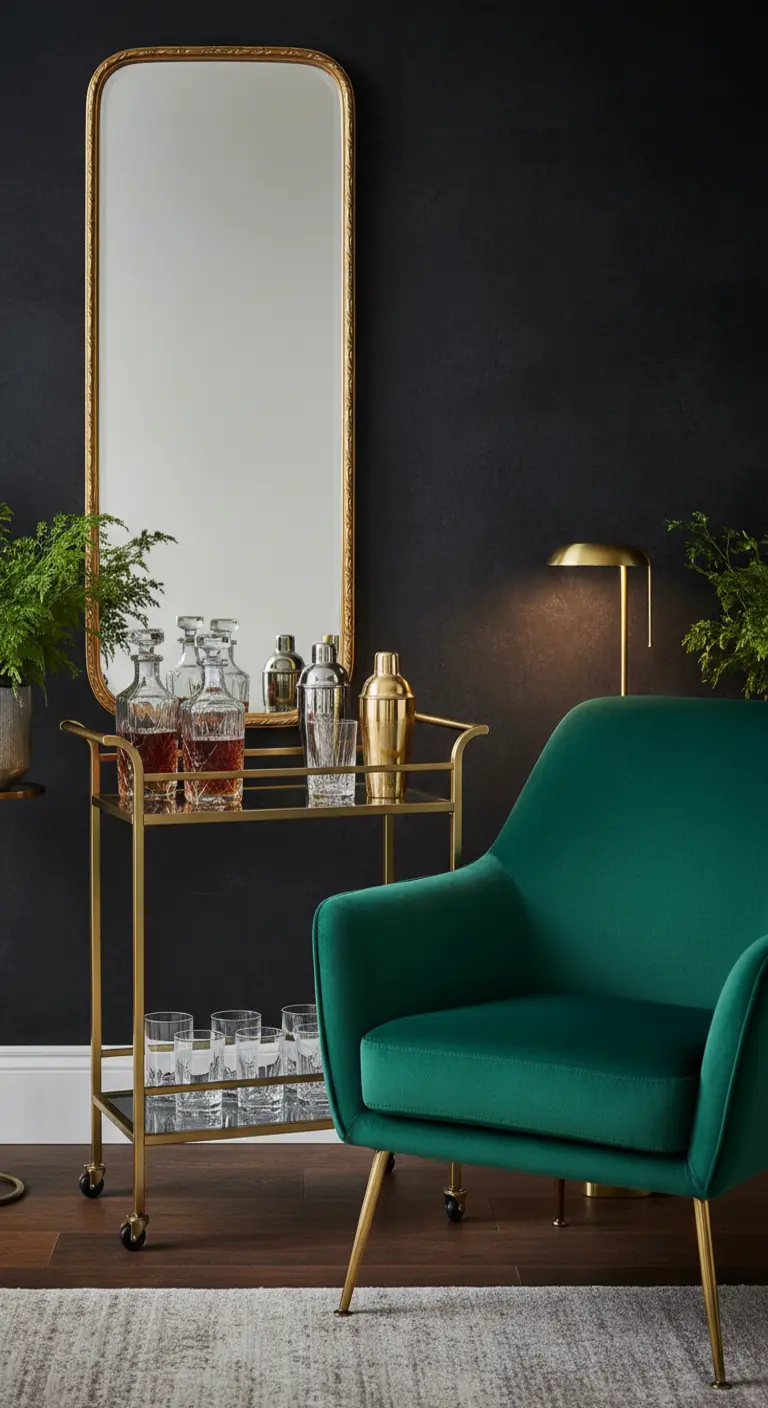 Carrello bar dorato con specchio verticale e poltrona in velluto verde smeraldo.