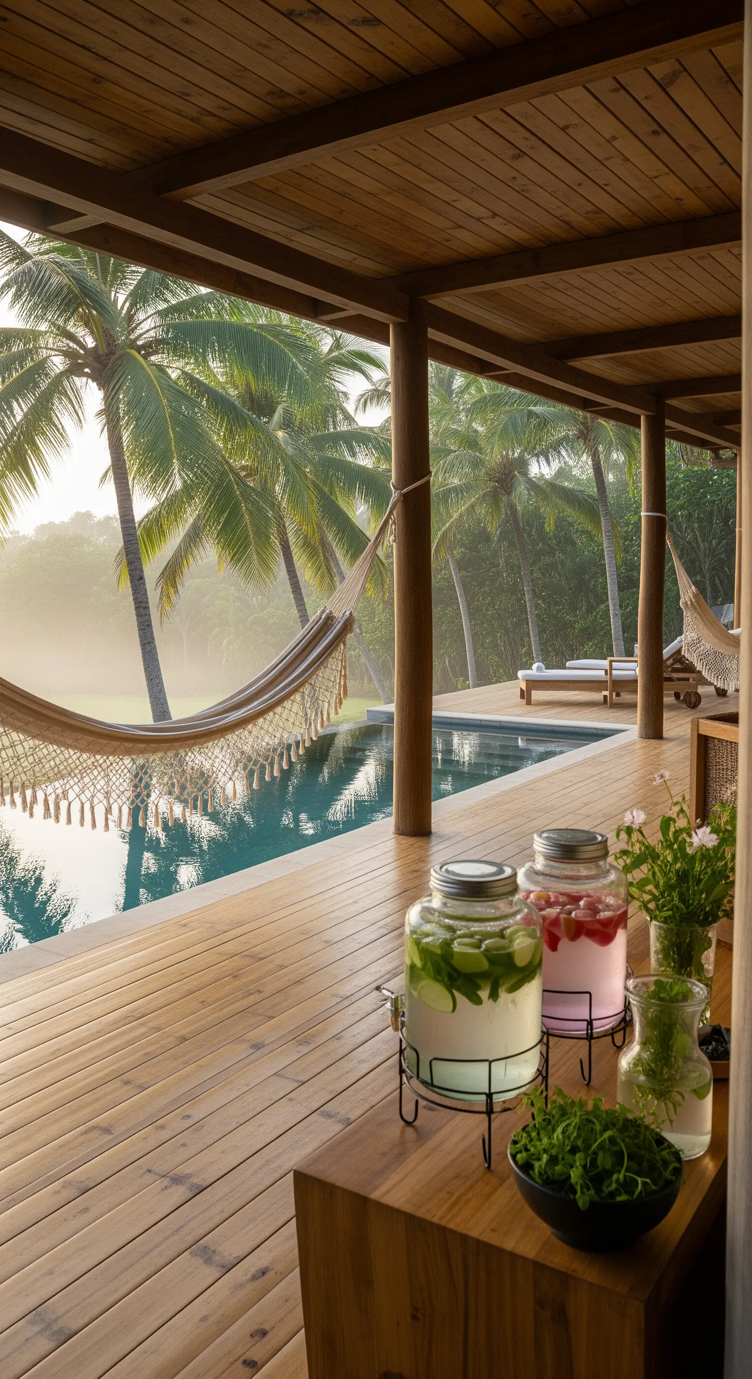 Portico in legno a bordo piscina con amaca sospesa, lettini e dispenser di acque aromatizzate
