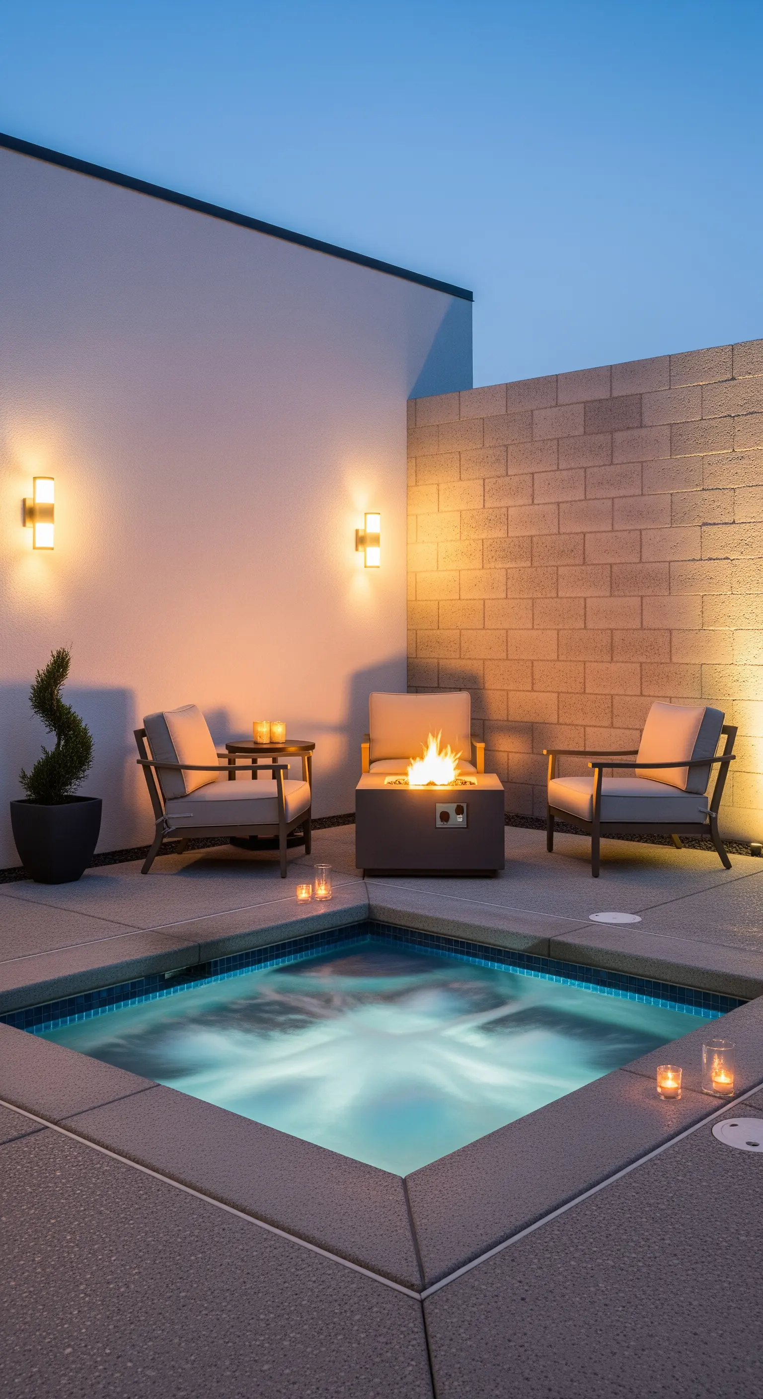 Patio intimo con vasca idromassaggio, braciere e due poltrone moderne al crepuscolo.