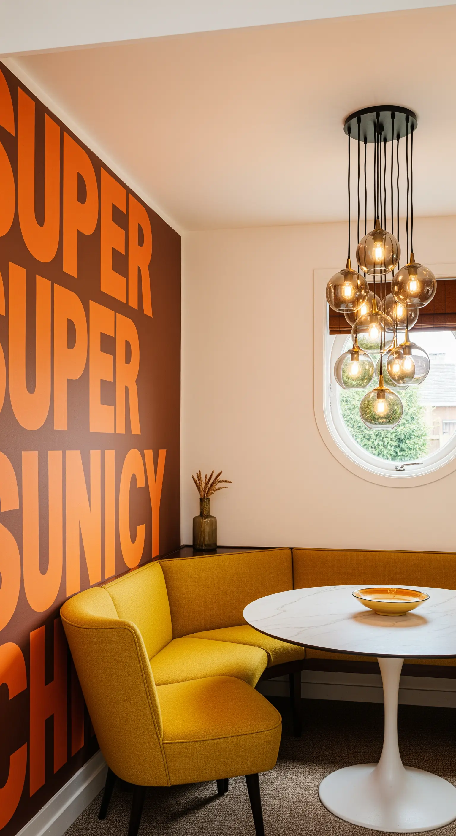 Panca angolare senape in una sala da pranzo con tavolo Tulip e scritta grafica sulla parete.