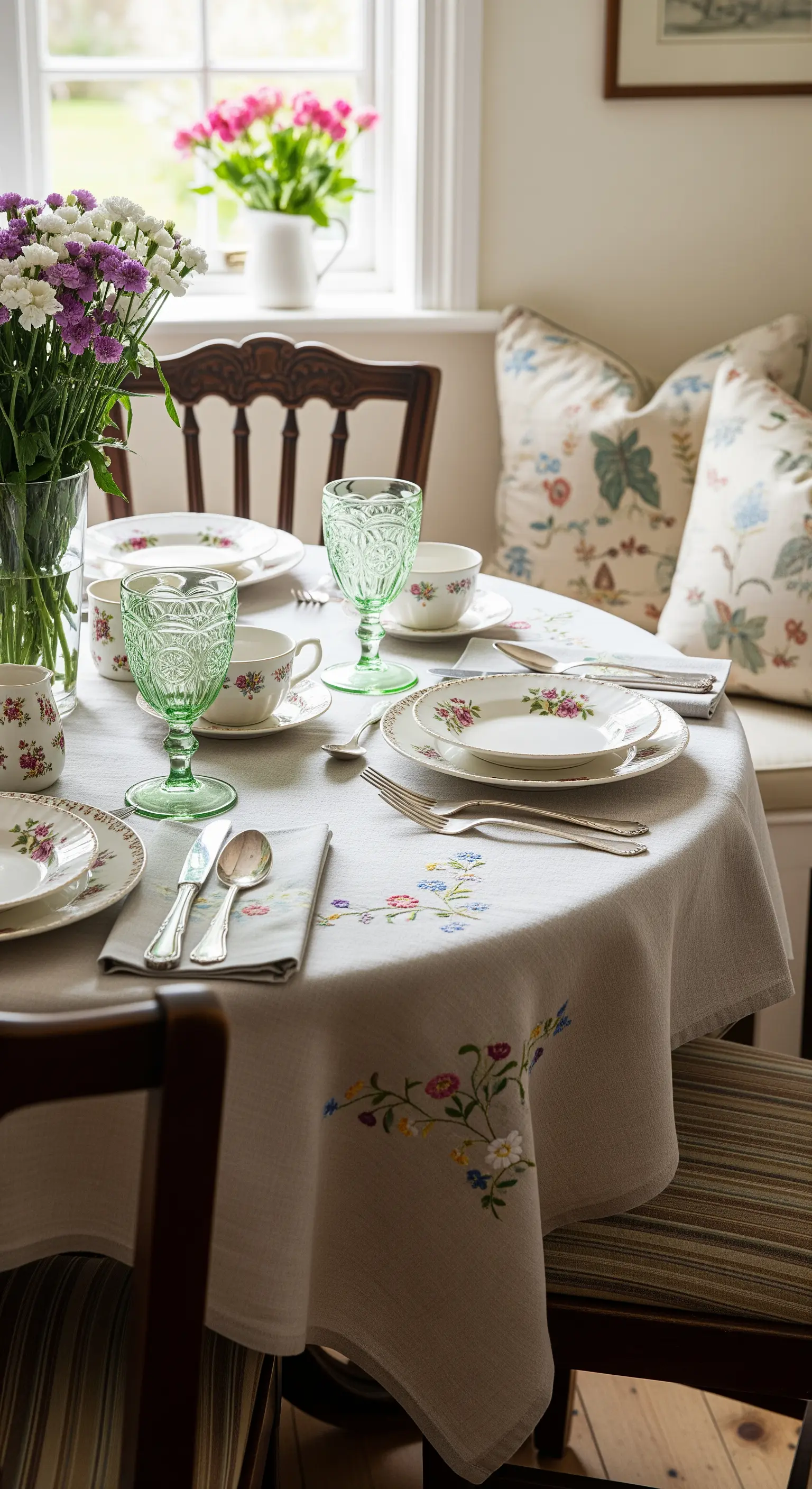 Tavola in stile cottage con tovaglia di lino ricamata a fiori di campo e bicchieri verdi.