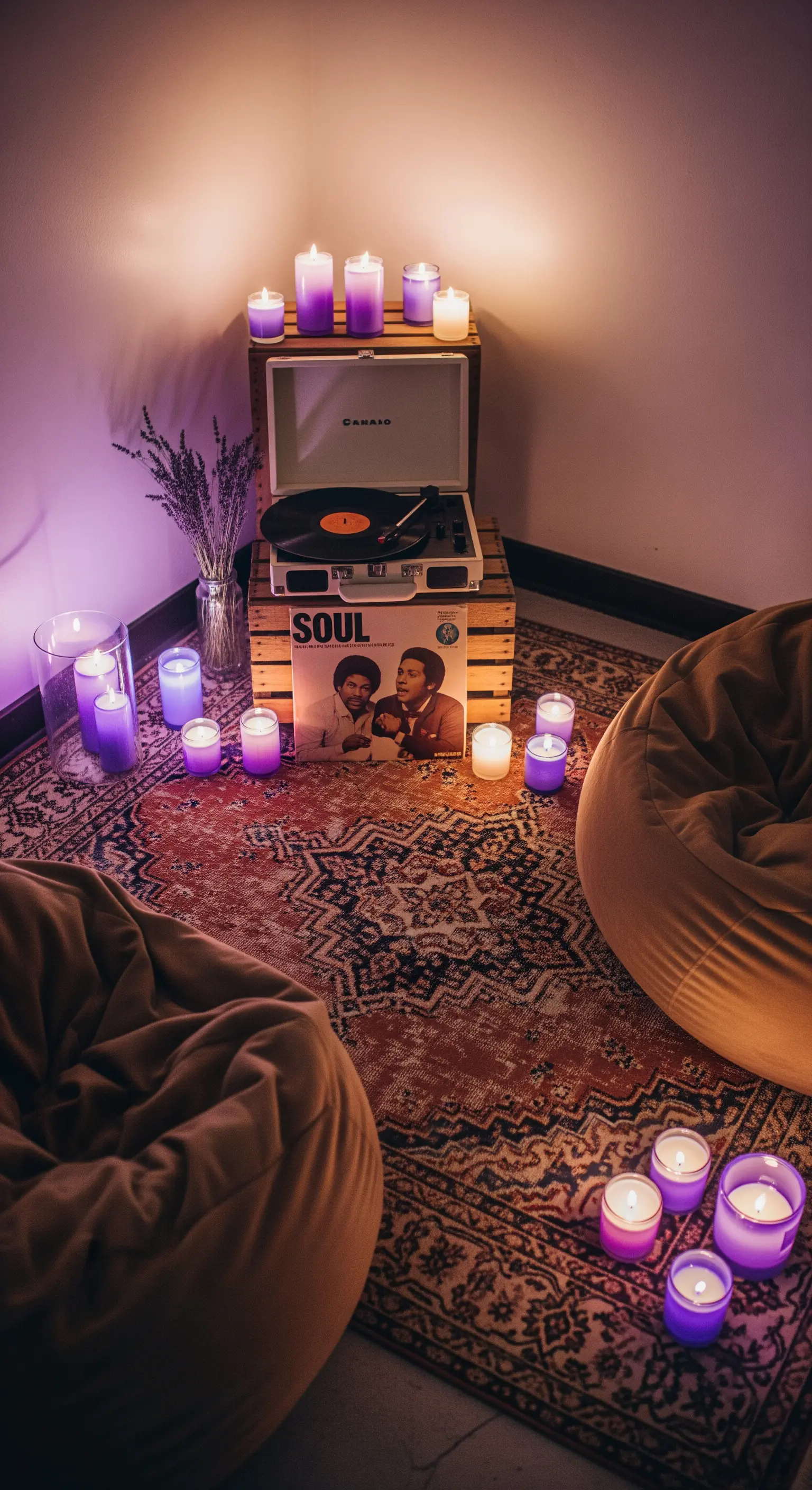 Angolo musica con giradischi, poltrone a sacco e candele viola su un tappeto persiano.