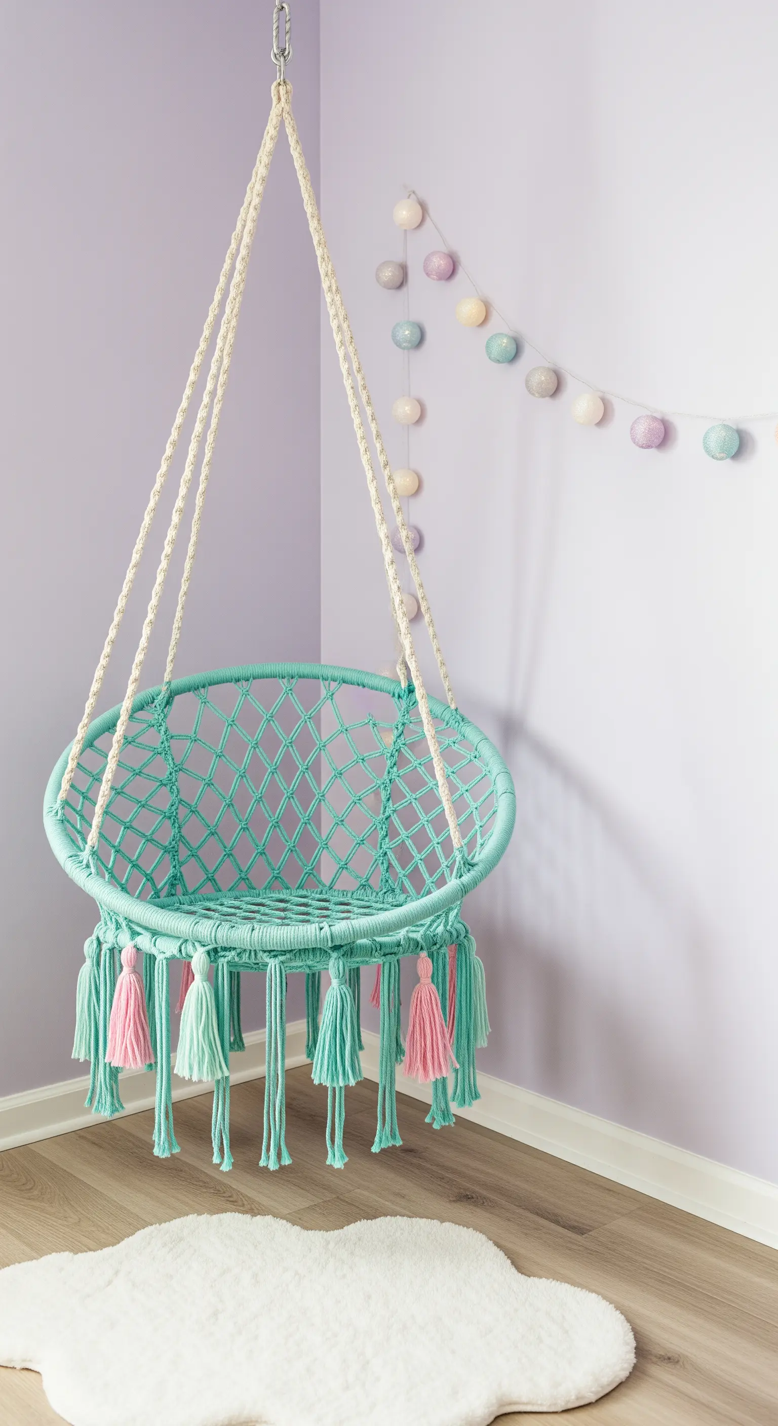 Poltroncina sospesa in macramè turchese con nappe in una cameretta lilla.