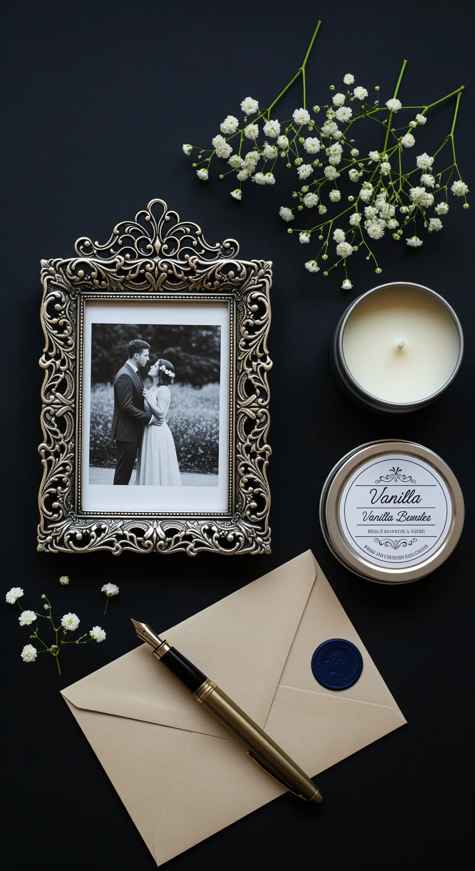 Cornice barocca argentata con foto in bianco e nero, candela e lettera sigillata.