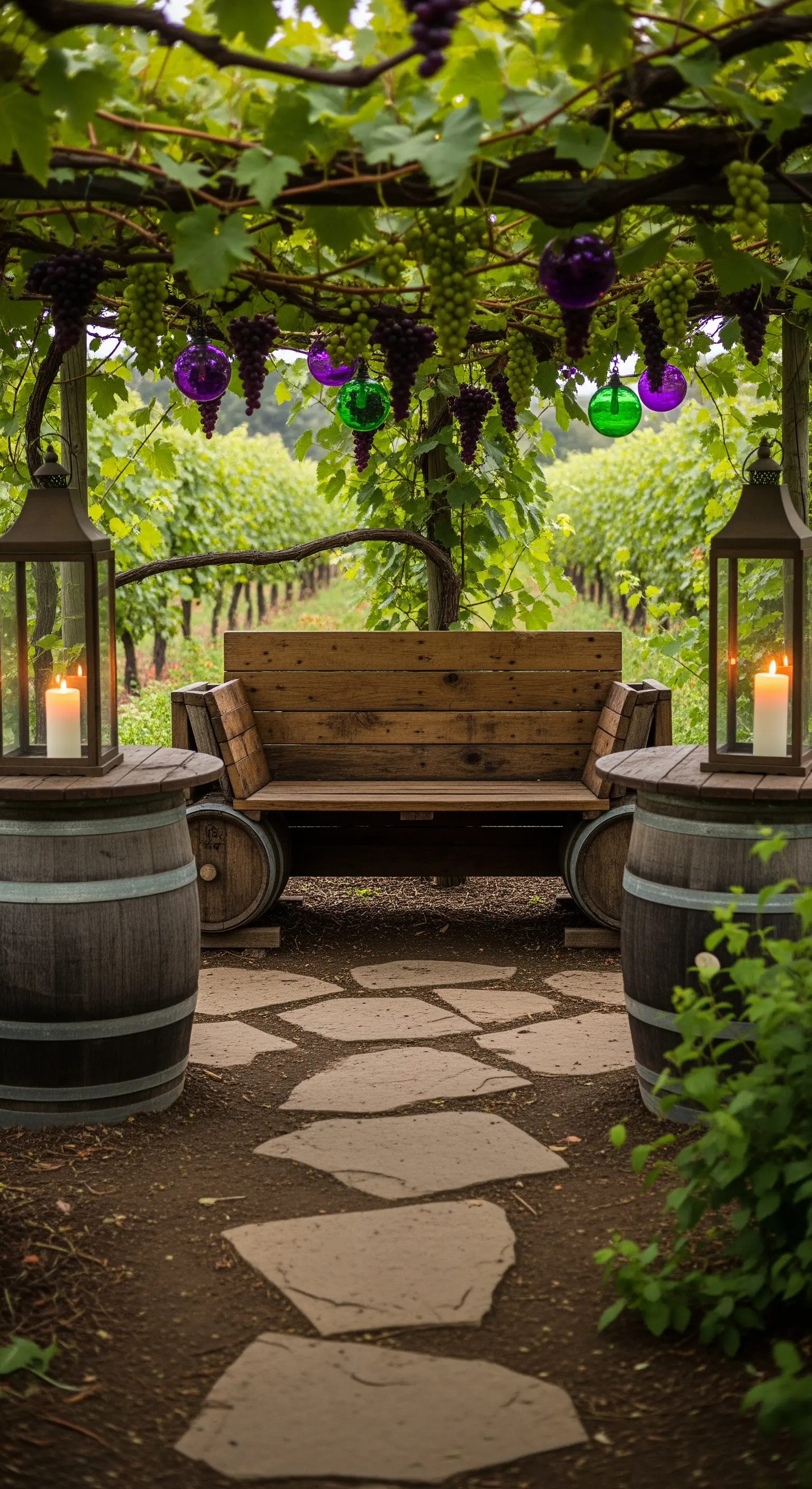 Panca rustica realizzata con botti da vino in un vigneto, illuminata da grandi lanterne.