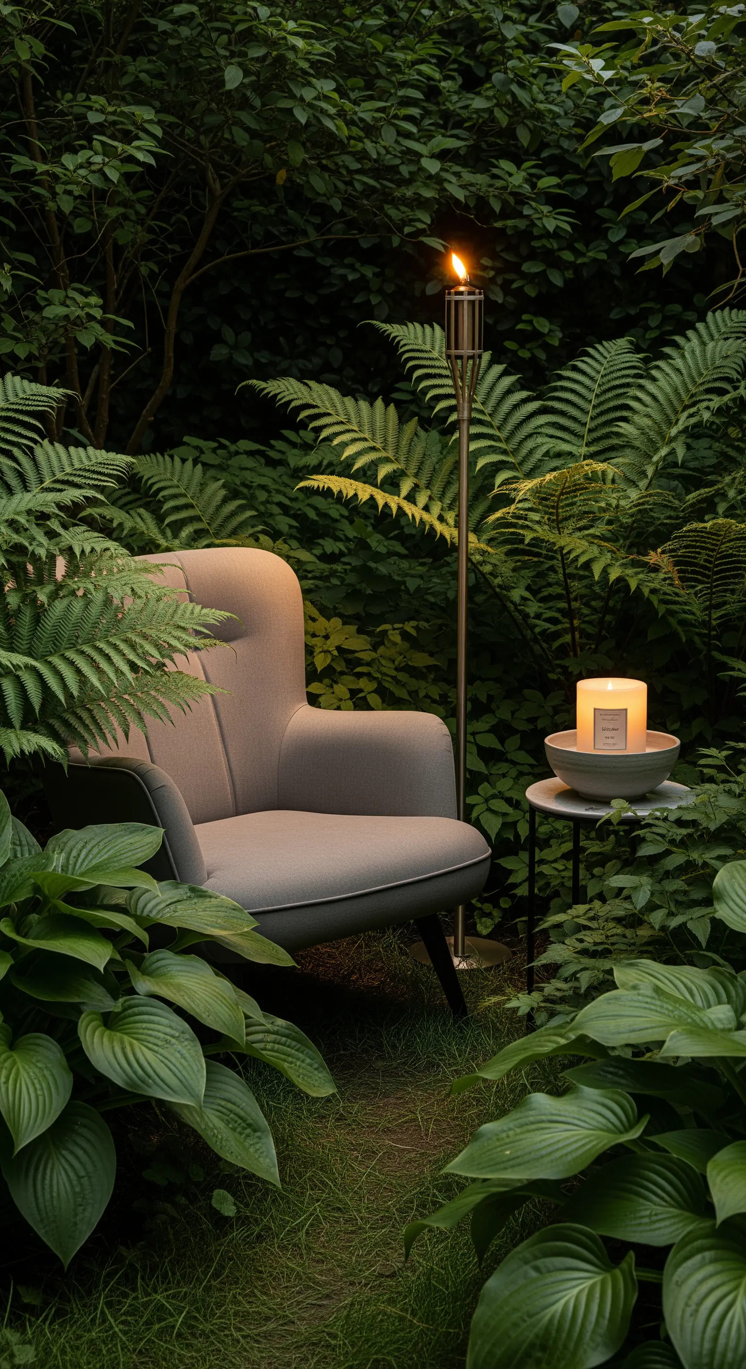 Poltrona in un angolo verde e lussureggiante, illuminata da una torcia da terra e una candela.