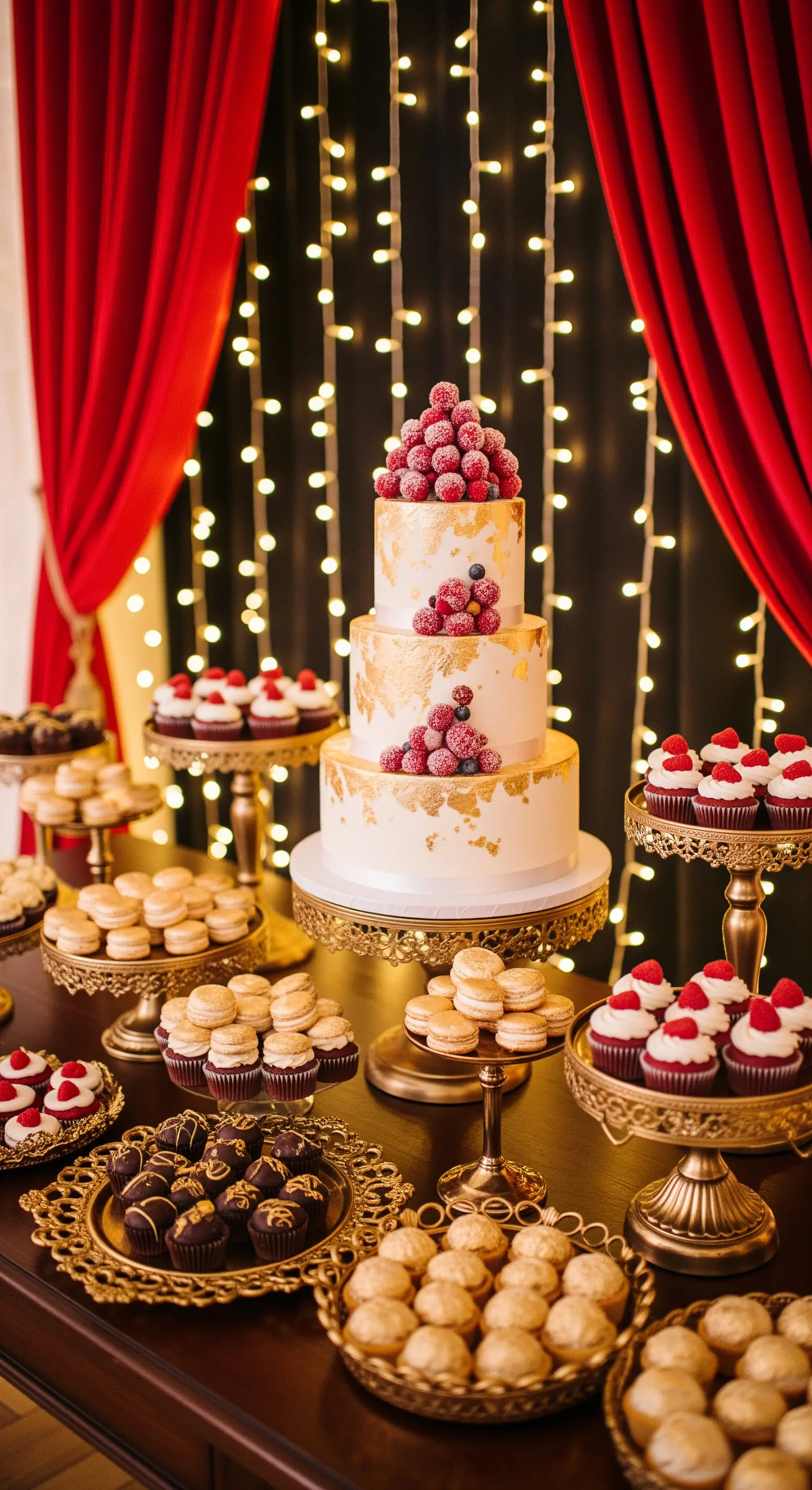 Tavolo dei dessert con torta nuziale a tre piani, decorata con dettagli dorati e lamponi.