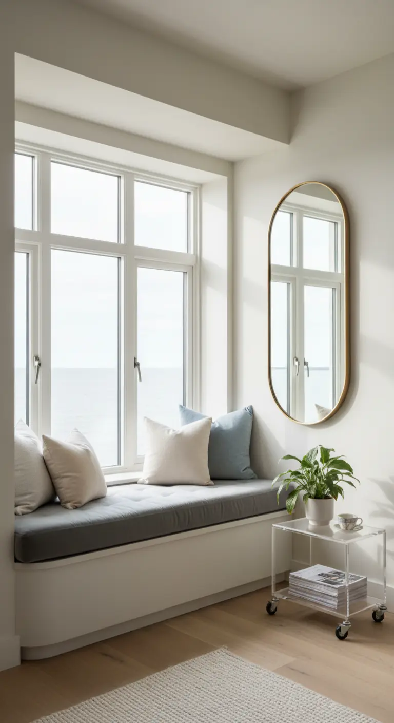 Panca imbottita sotto una finestra, con specchio ovale dorato sulla parete laterale.