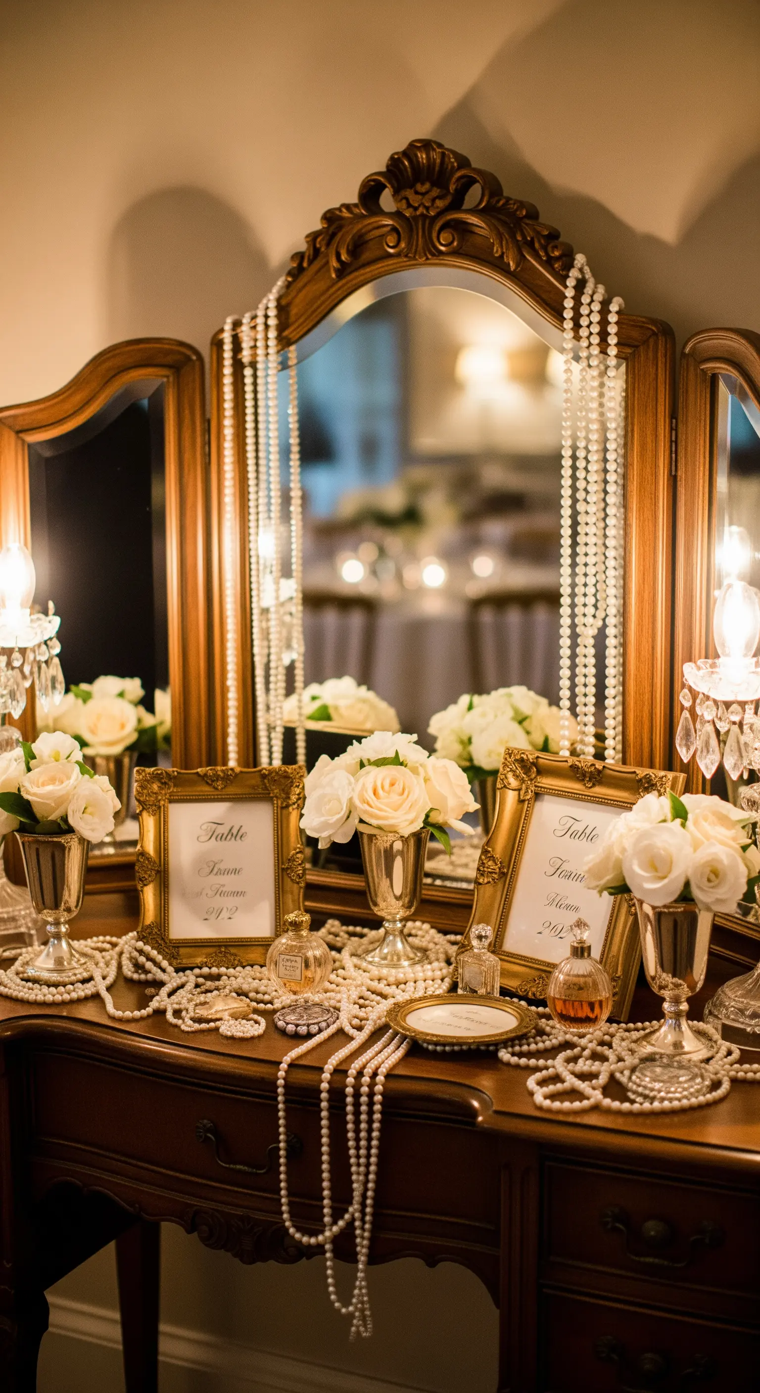 Tableau mariage su una toeletta vintage con specchio, cornici dorate, perle e rose bianche.