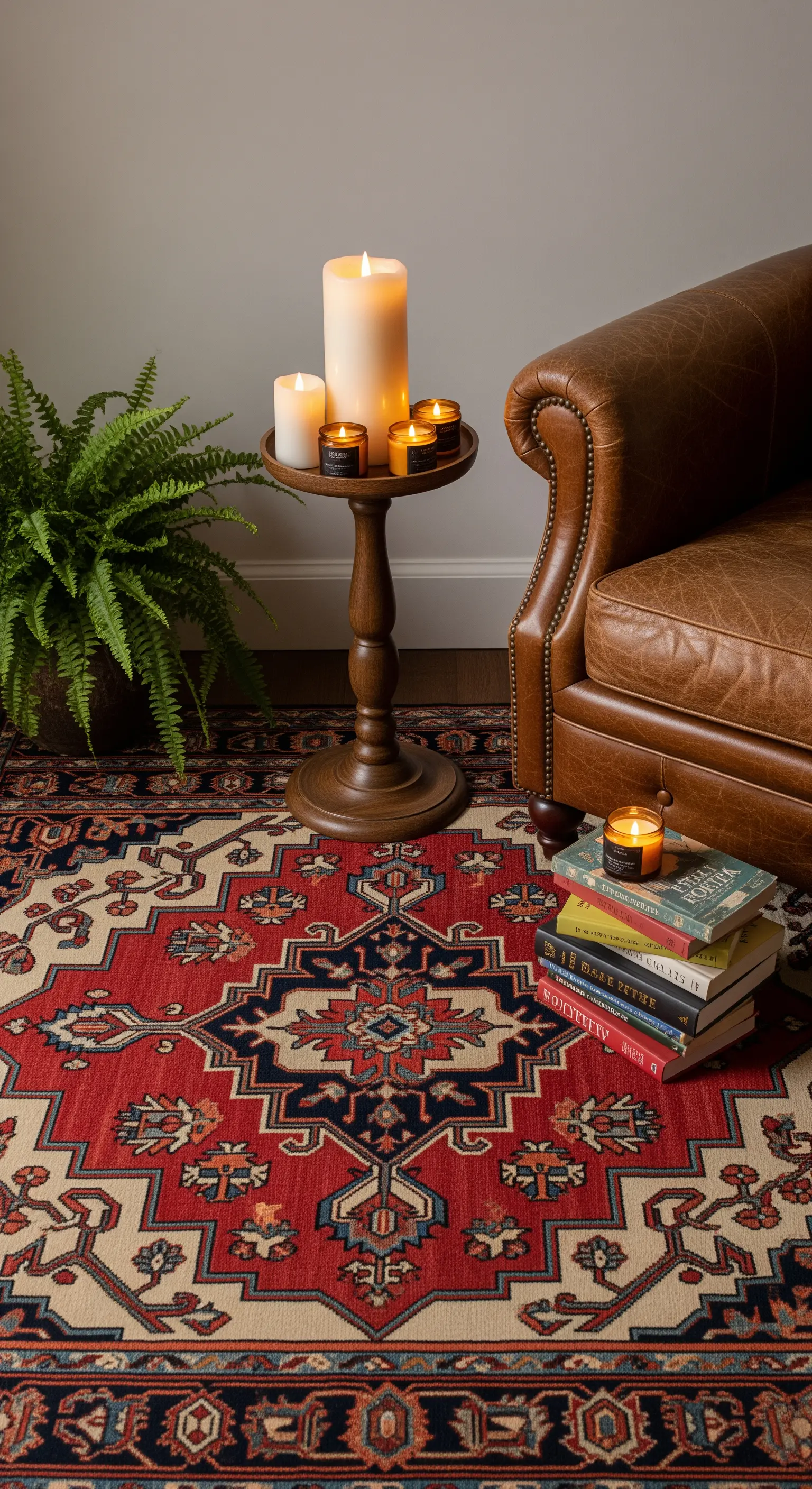 Poltrona in pelle accanto a un tappeto persiano rosso, con libri e candele su un tavolino.