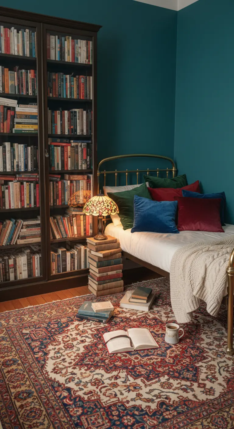 Angolo lettura con letto basso, libreria e lampada Tiffany su un tappeto persiano.