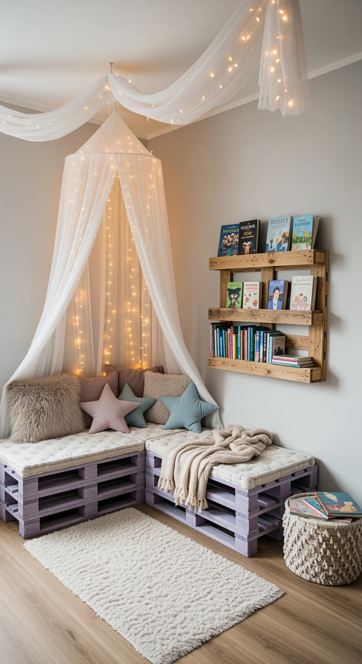 Angolo lettura per bambini con base in pallet color lavanda, cuscini e baldacchino.
