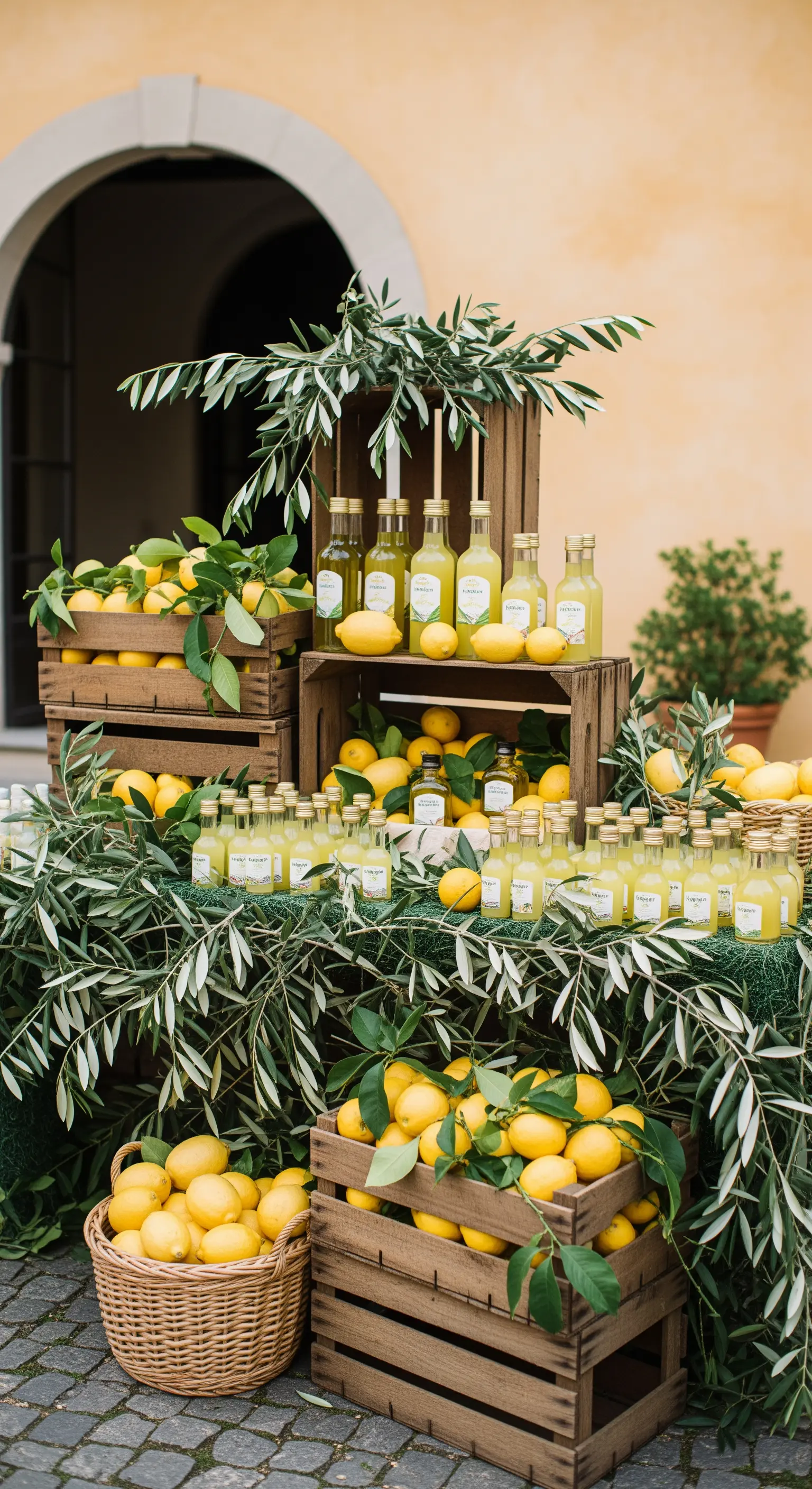 Angolo bomboniere con bottiglie di limoncello, cassette di legno e rami d'ulivo.