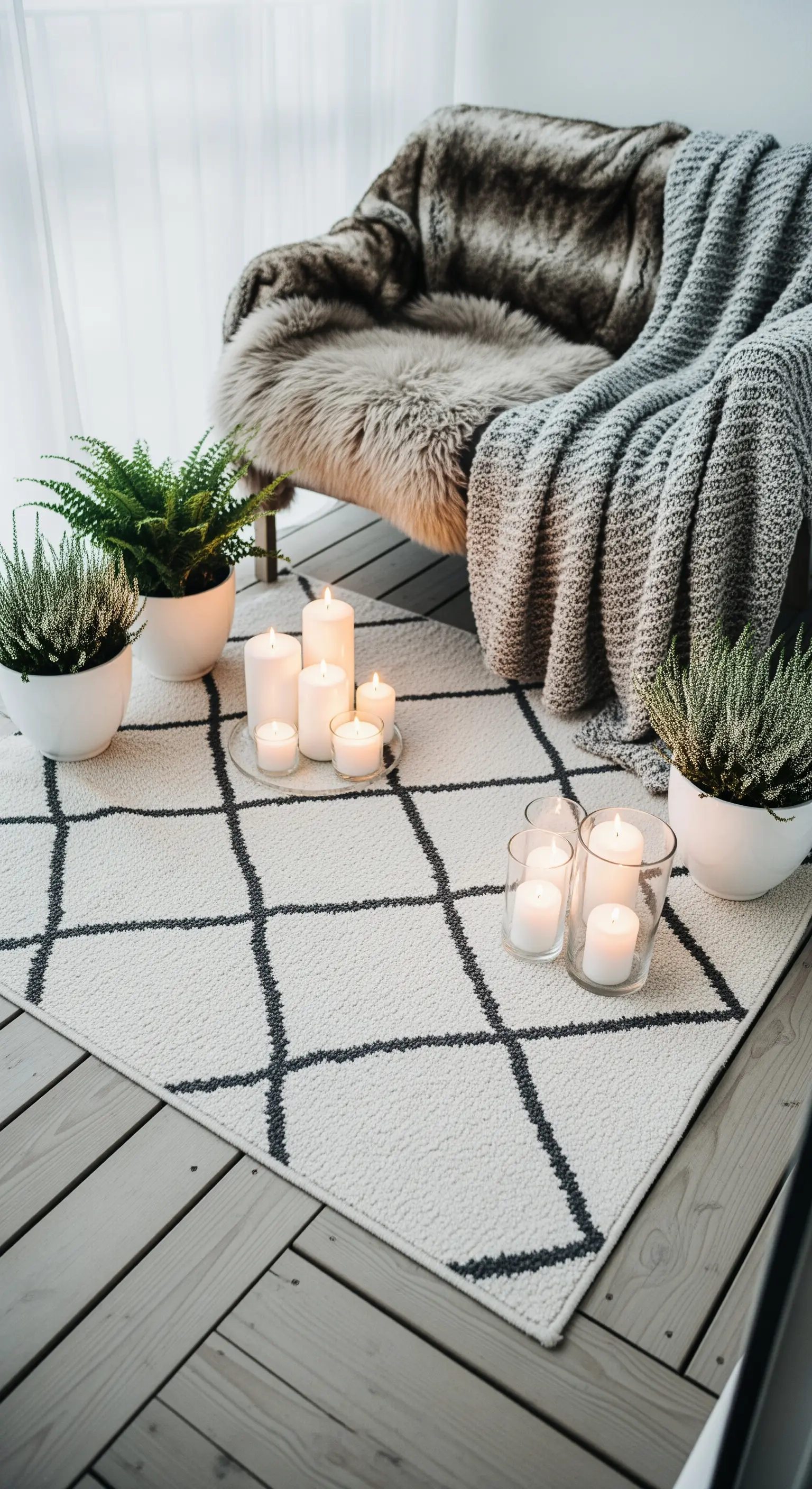 Balcone in stile scandinavo con tappeto geometrico, poltrona con pelliccia e piante verdi.