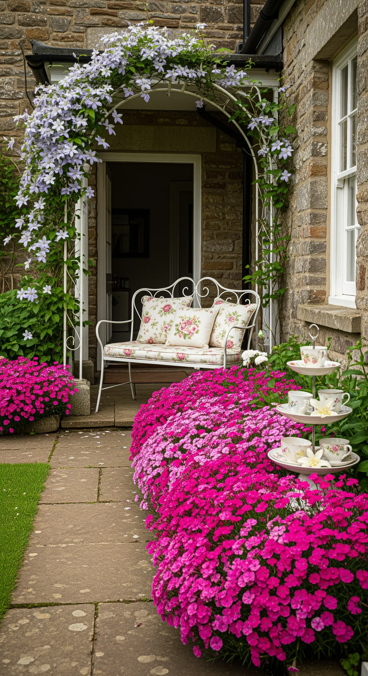 Panchina bianca sotto un arco fiorito, circondata da un'aiuola di fiori fucsia.