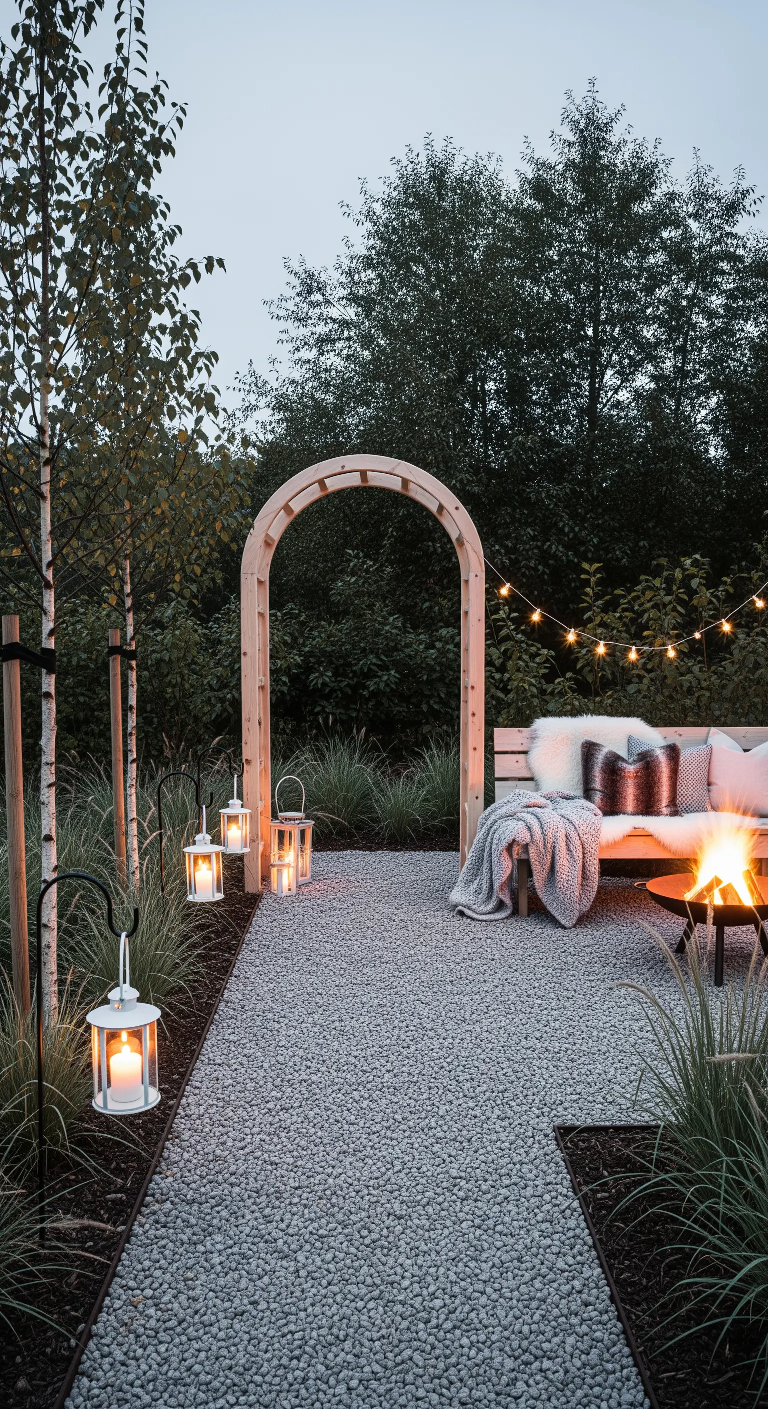 Area relax in giardino con sentiero in ghiaia, arco in legno, panchina con cuscini e braciere.