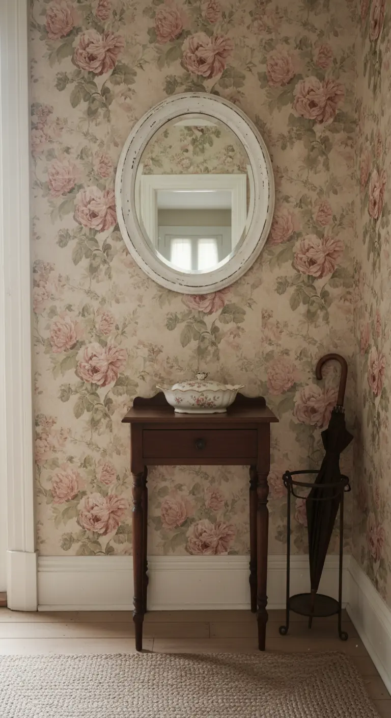 Angolo d'ingresso con carta da parati vintage a rose, tavolino antico e specchio rotondo bianco.