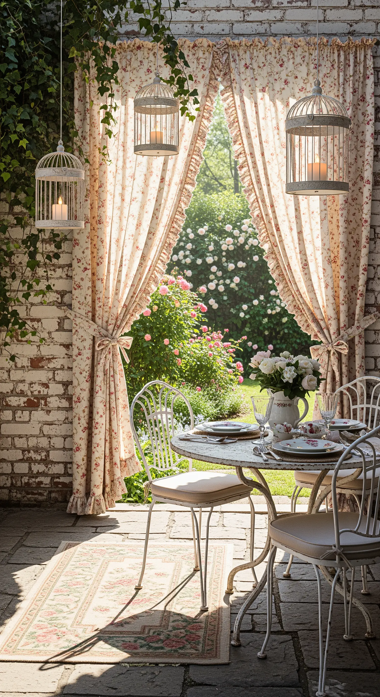 Patio con muro di mattoni, tende floreali, tavolo in ferro battuto e gabbiette portacandele.