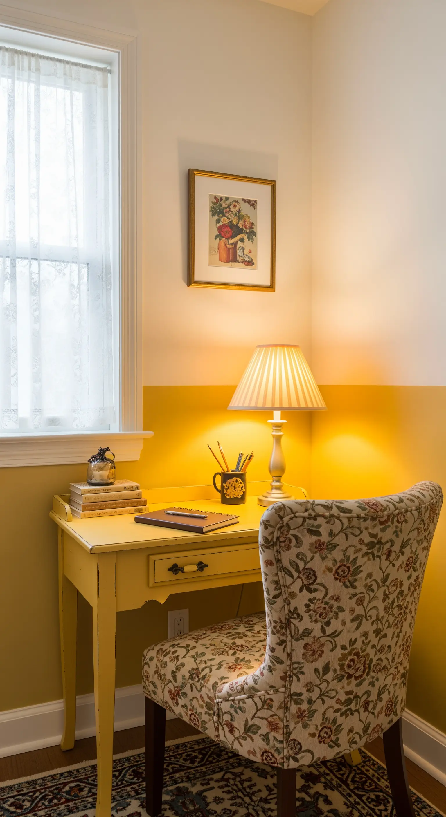 Angolo studio con scrivania gialla contro una parete a mezza altezza gialla e bianca.