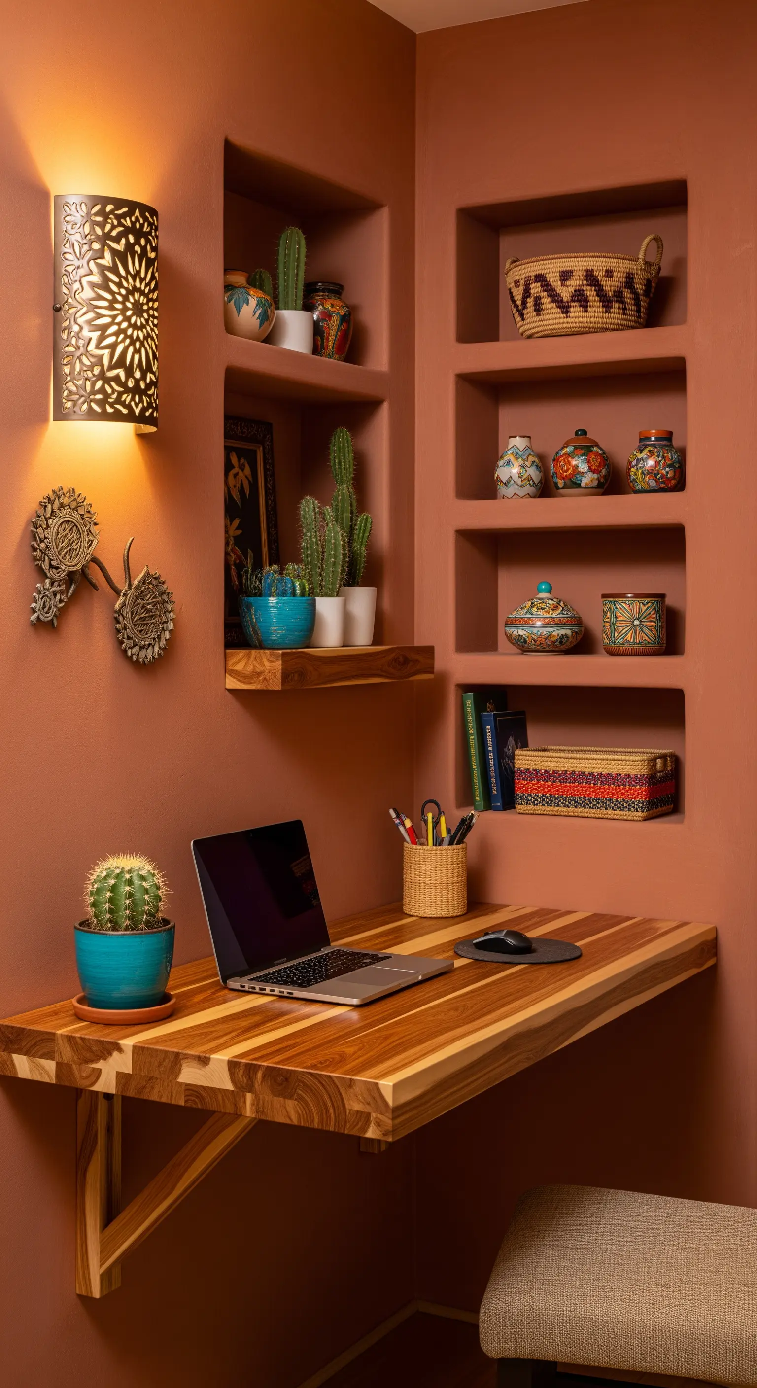 Scrivania angolare in legno in una stanza color terracotta con nicchie e decorazioni etniche.