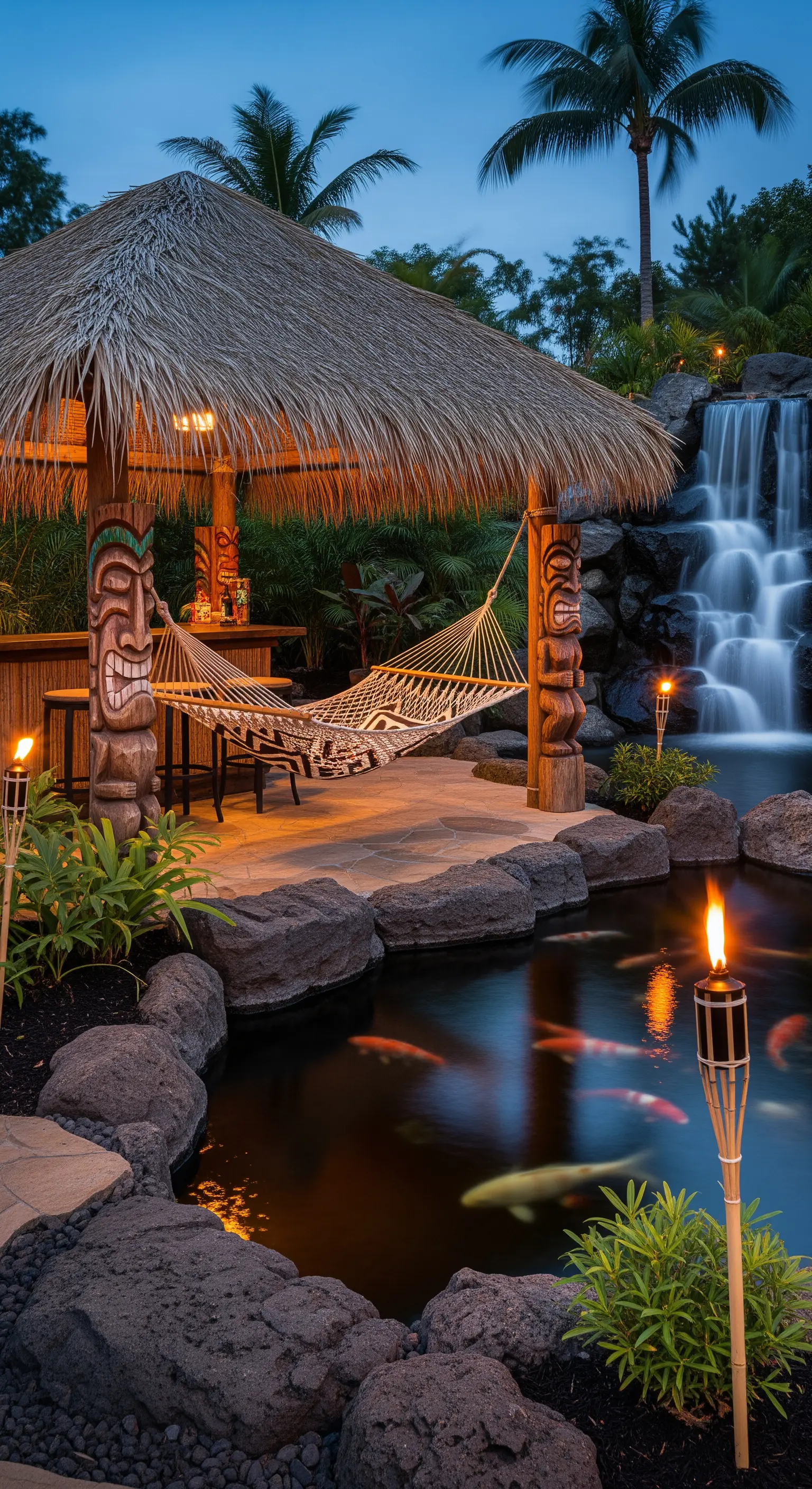 Gazebo in stile tiki con amaca, bancone bar e laghetto con pesci koi illuminato da torce