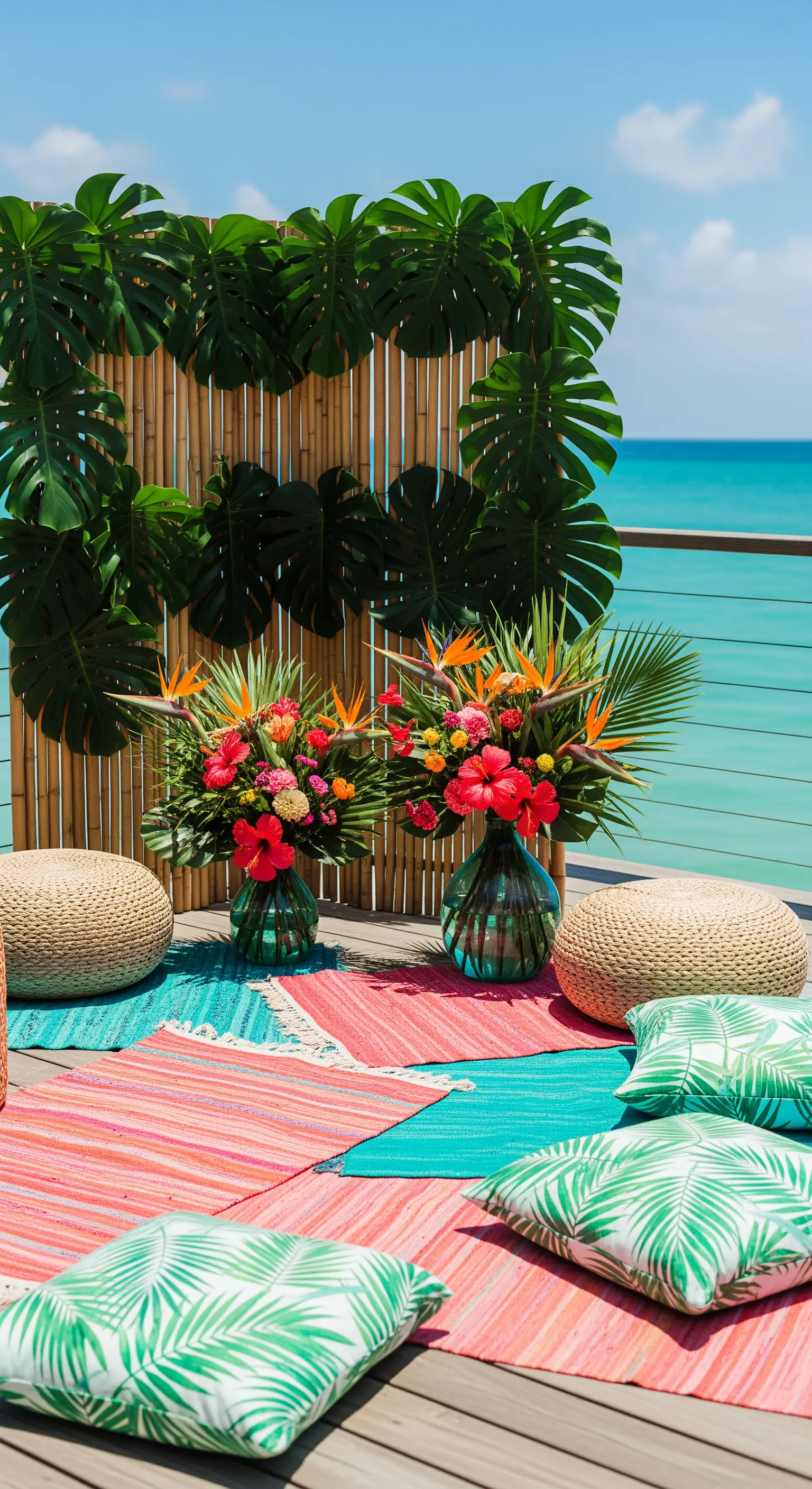 Photo corner a tema tropicale con parete di bambù, foglie di monstera e stuoie colorate.