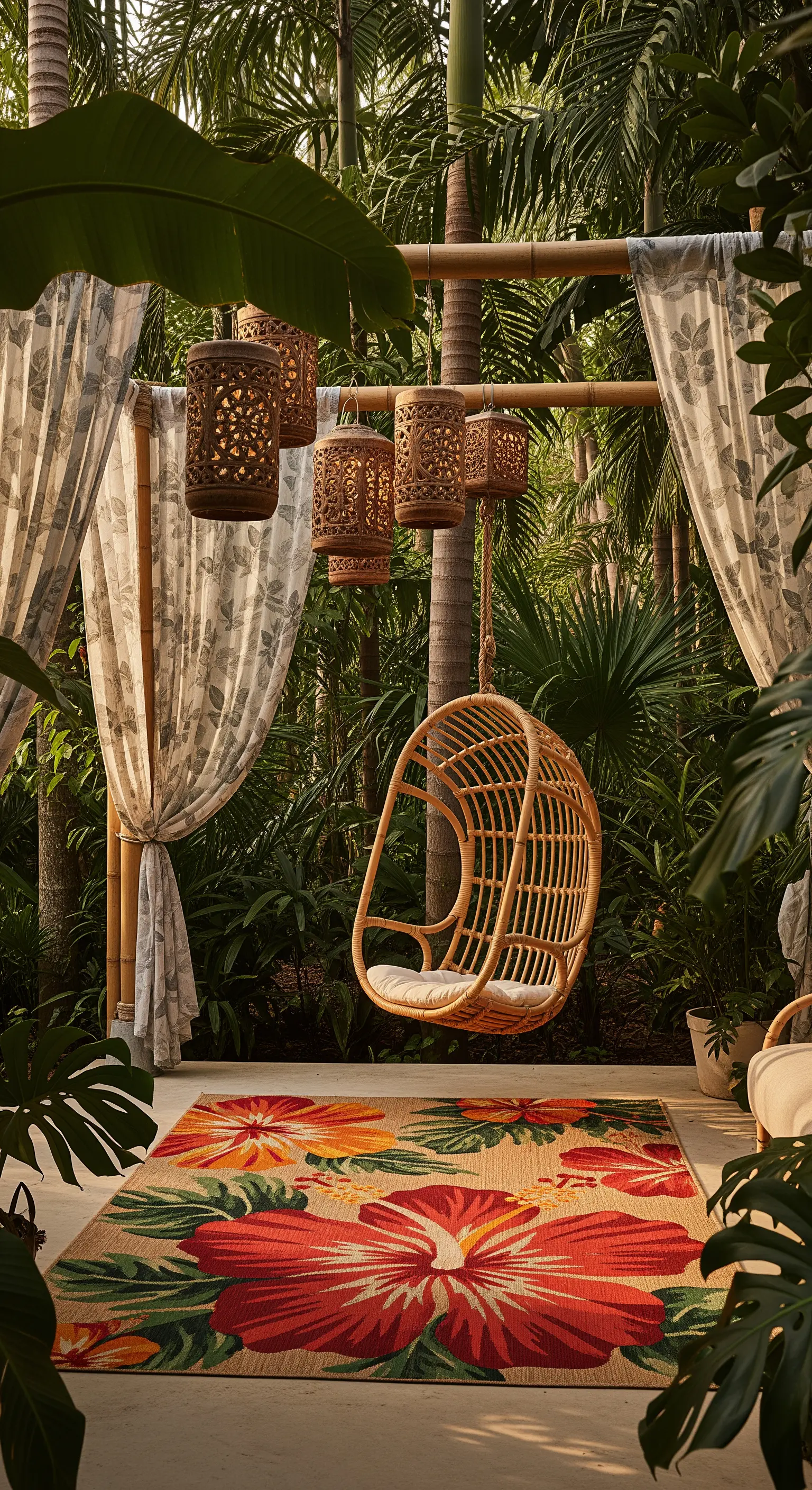 Giardino tropicale con sedia sospesa in rattan, lanterne in legno e tappeto con ibisco rosso.