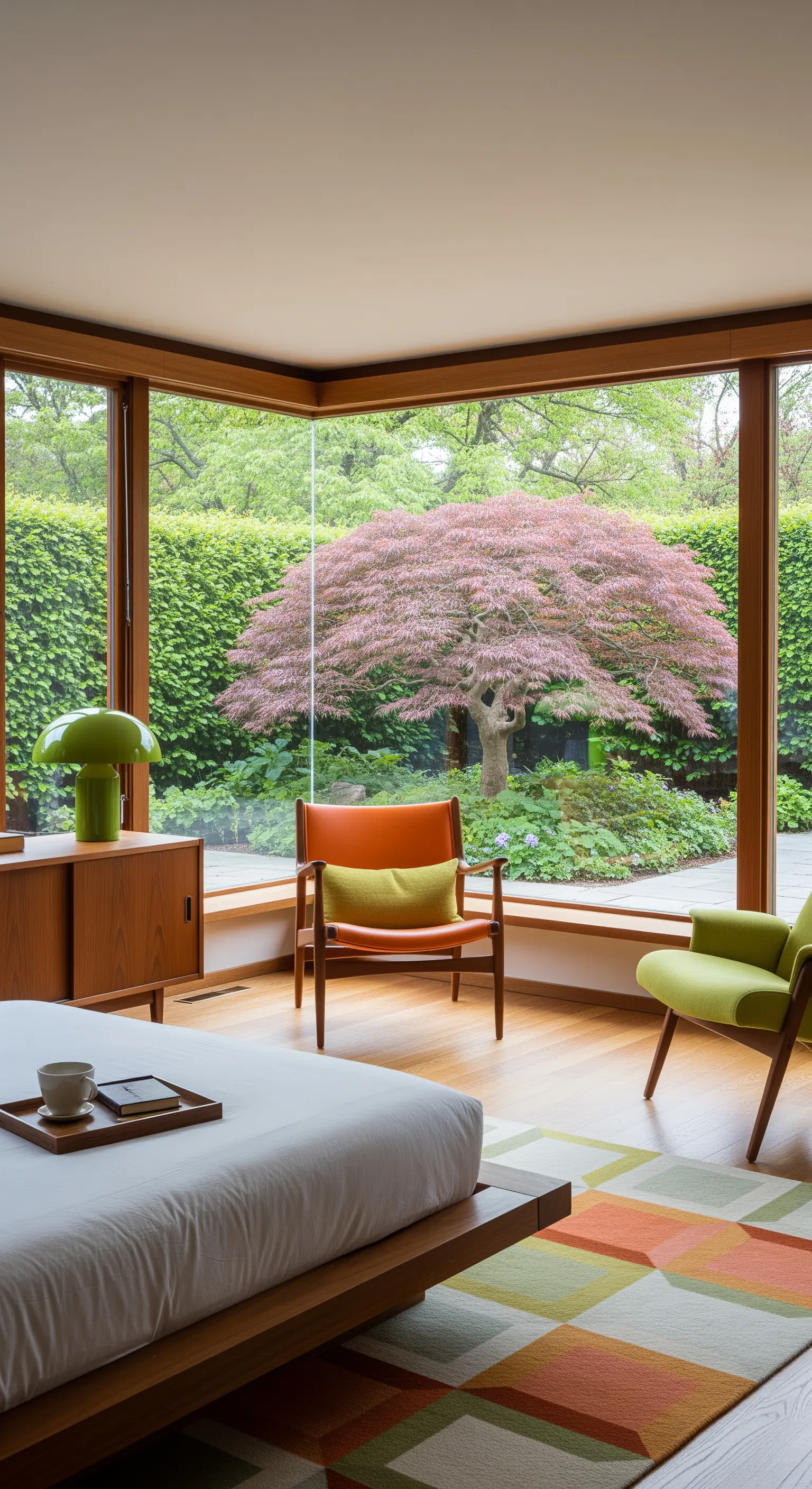 Camera mid-century modern con poltrone di design e finestra ad angolo su un giardino.