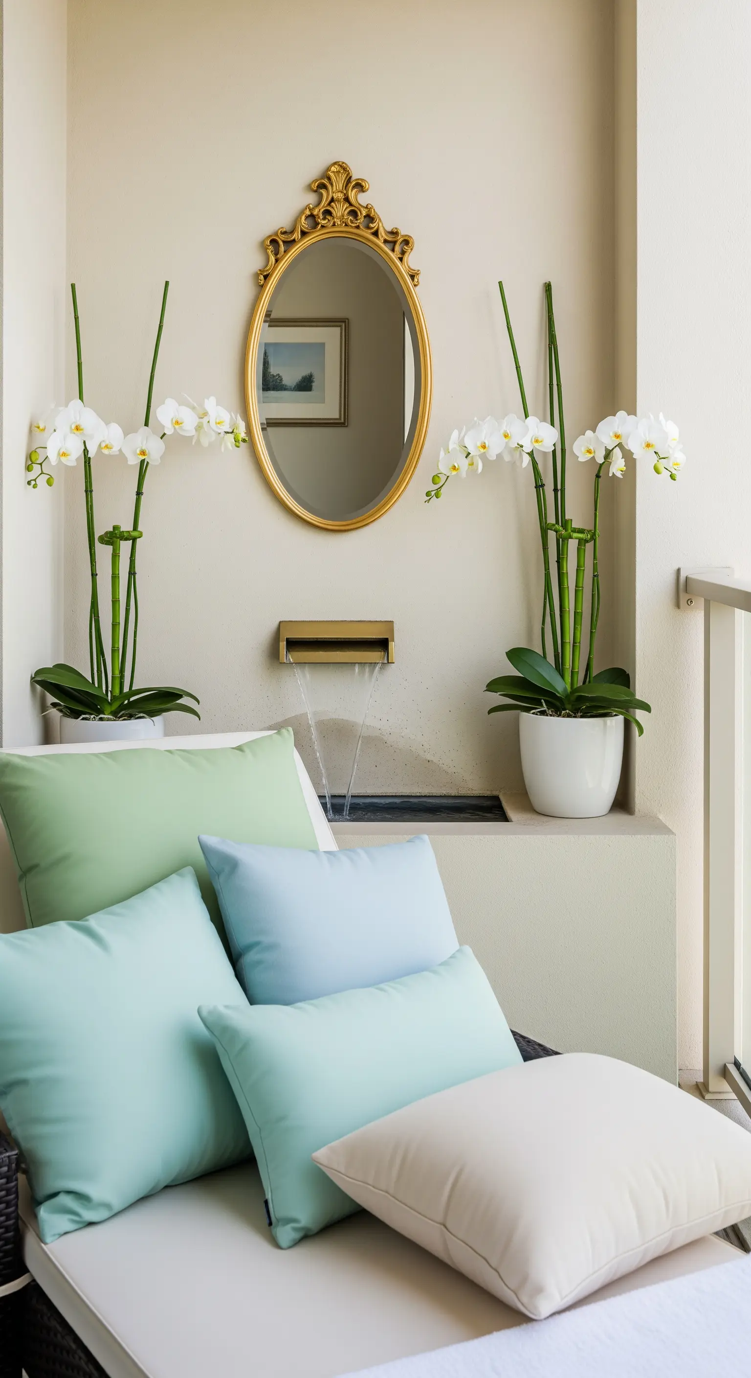 Angolo di un balcone con una piccola fontana, orchidee bianche e uno specchio ovale dorato.