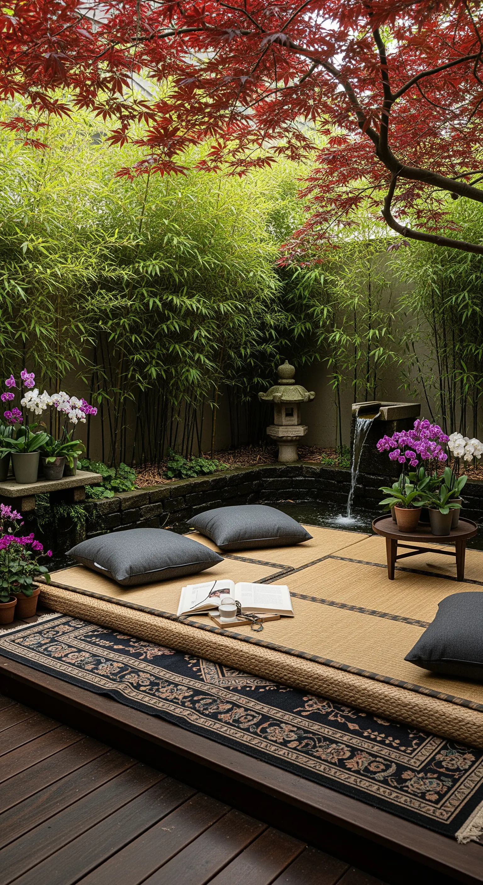Giardino zen con tatami, cuscini bassi, una piccola cascata e un runner persiano scuro.