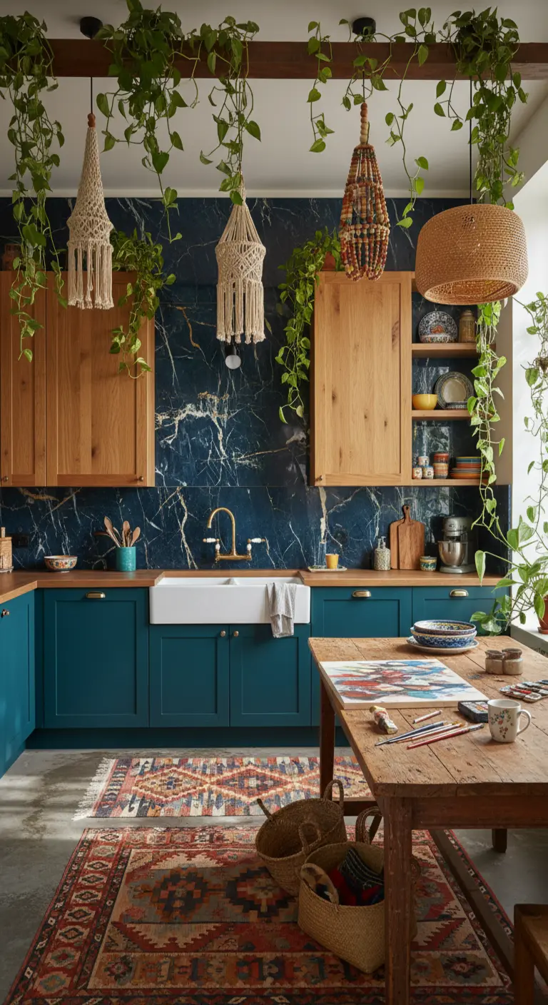 Cucina boho-chic con paraschizzi in marmo blu, piante pensili e lampade in macramè.
