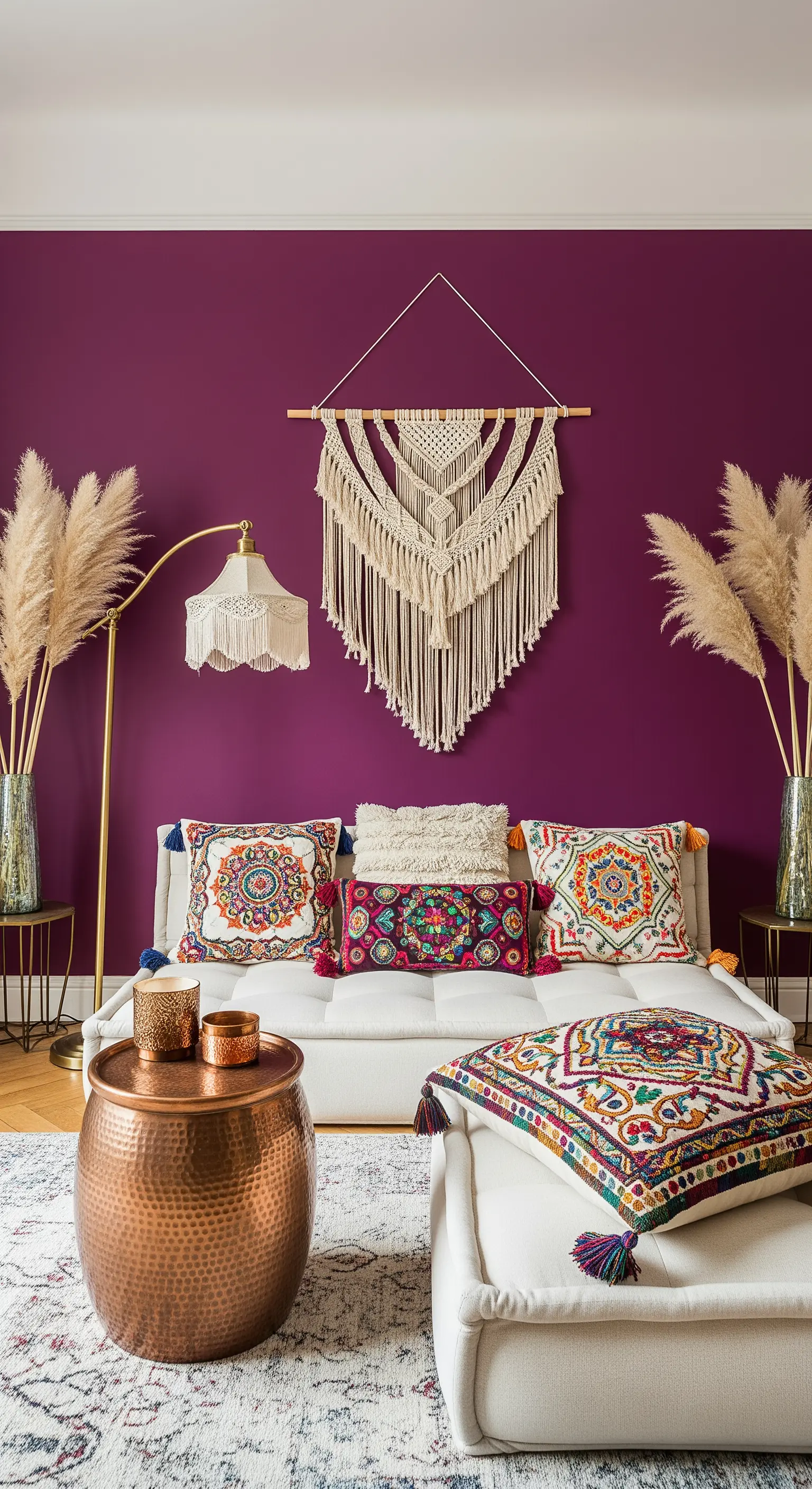 Salotto bohémien con parete magenta, divano bianco con cuscini colorati e tavolino in rame.