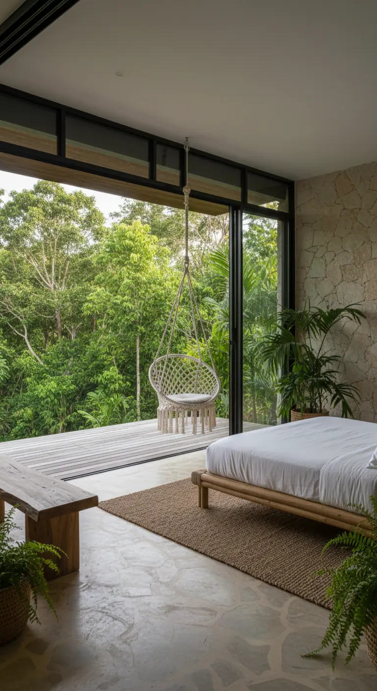 Camera da letto con pareti di vetro scorrevoli che si aprono su una terrazza nella giungla.
