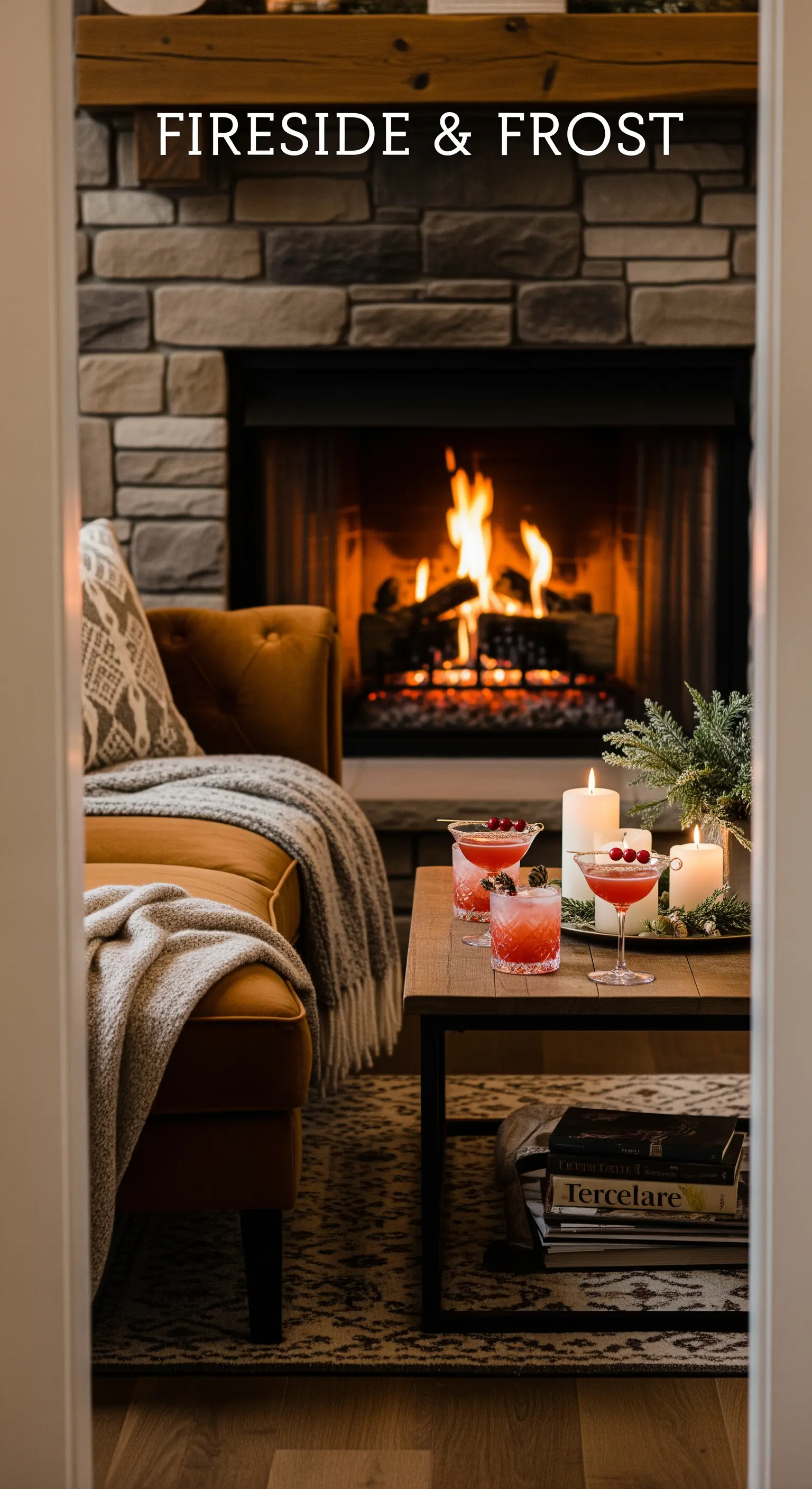 Soggiorno con camino acceso, cocktail invernali e candele sul tavolino da caffè.