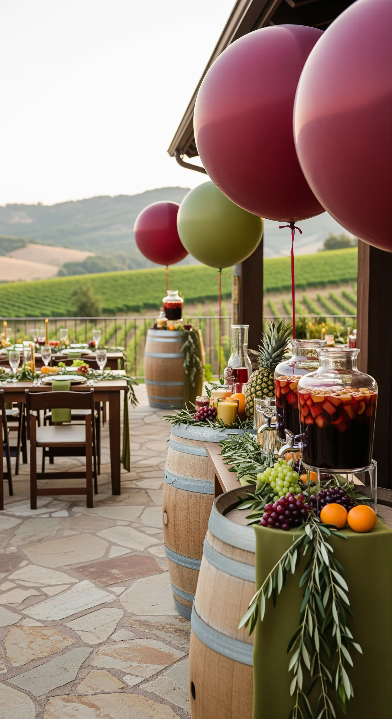 Festa in una vigna con botti di vino, sangria e palloncini bordeaux e verdi.