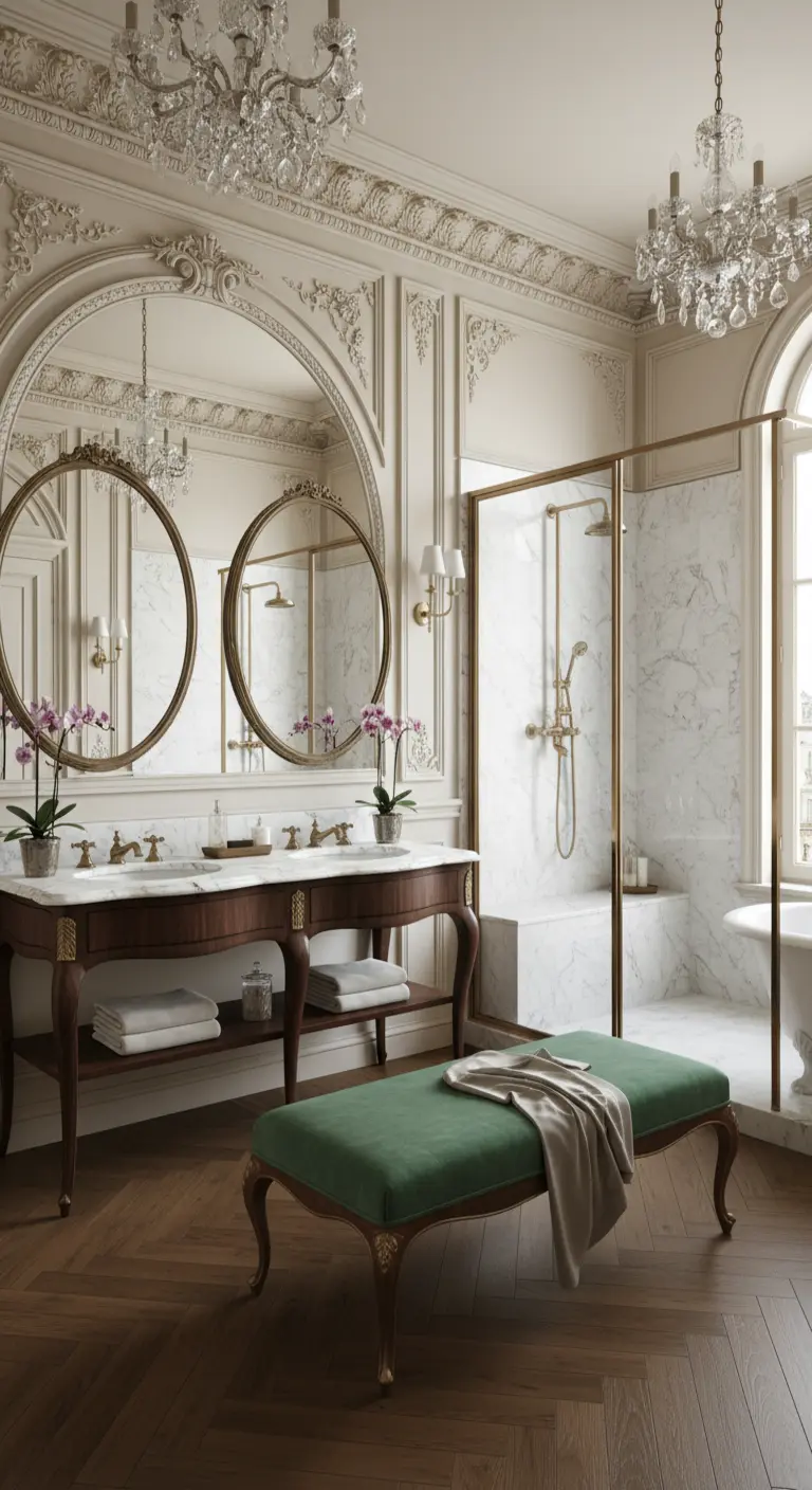 Bagno in stile parigino con boiserie, lampadari di cristallo e doppio lavabo su mobile antico.