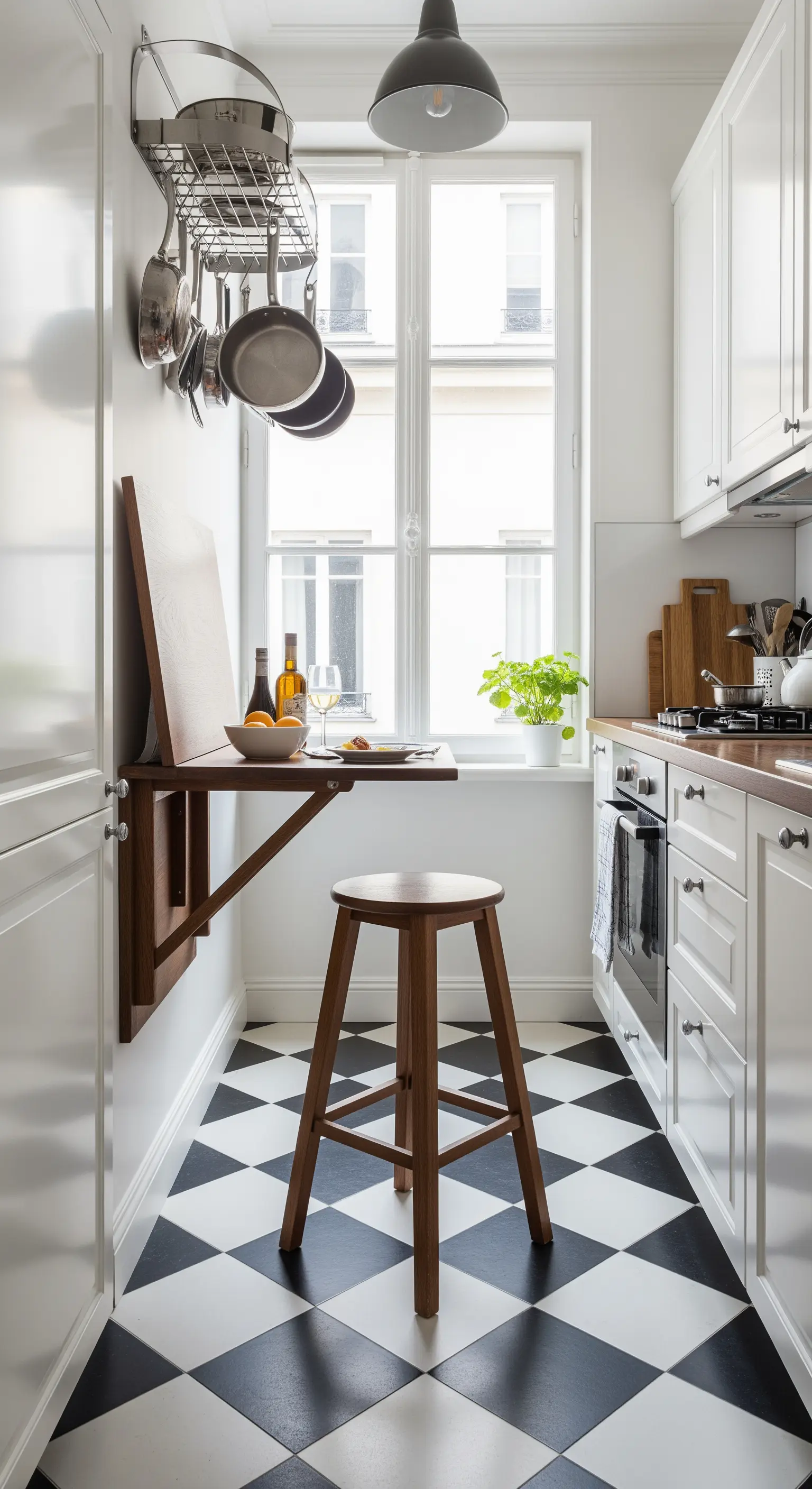 Cucina stretta con tavolo a ribalta e un portapentole in metallo appeso al muro.