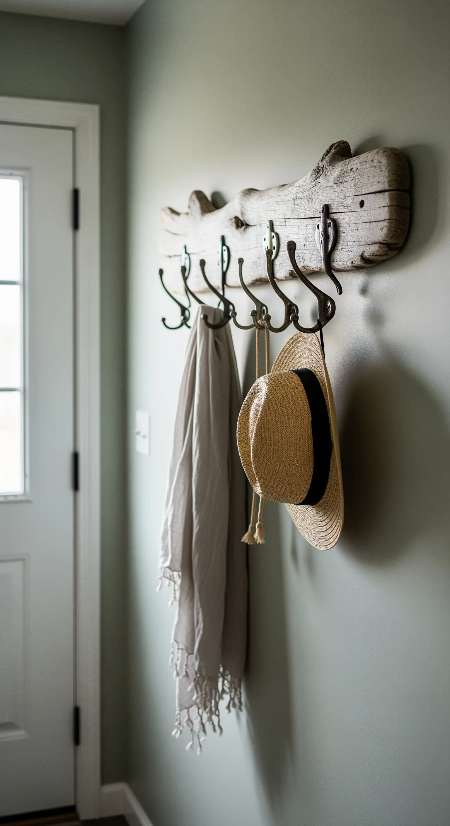 Appendiabiti fai-da-te realizzato con un ramo di legno sbiancato e ganci in metallo scuro.