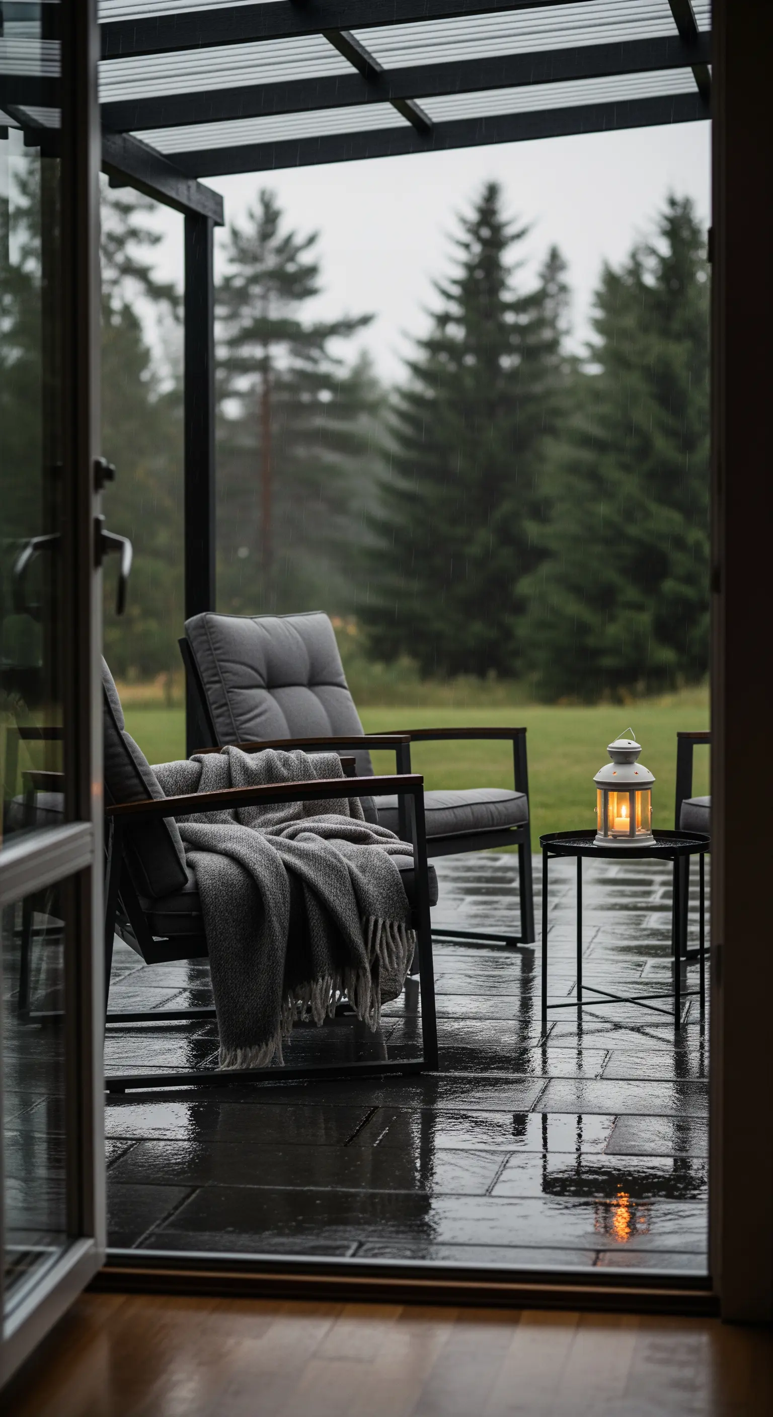 Patio coperto in una giornata di pioggia, con poltrone moderne e una lanterna accesa.
