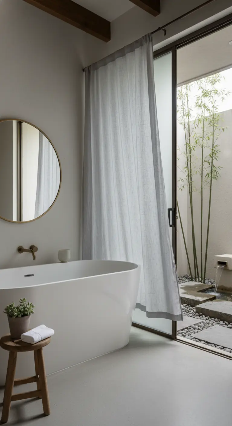 Bagno minimalista con tenda grigia che si apre su un piccolo patio zen con bambù e una fontana.
