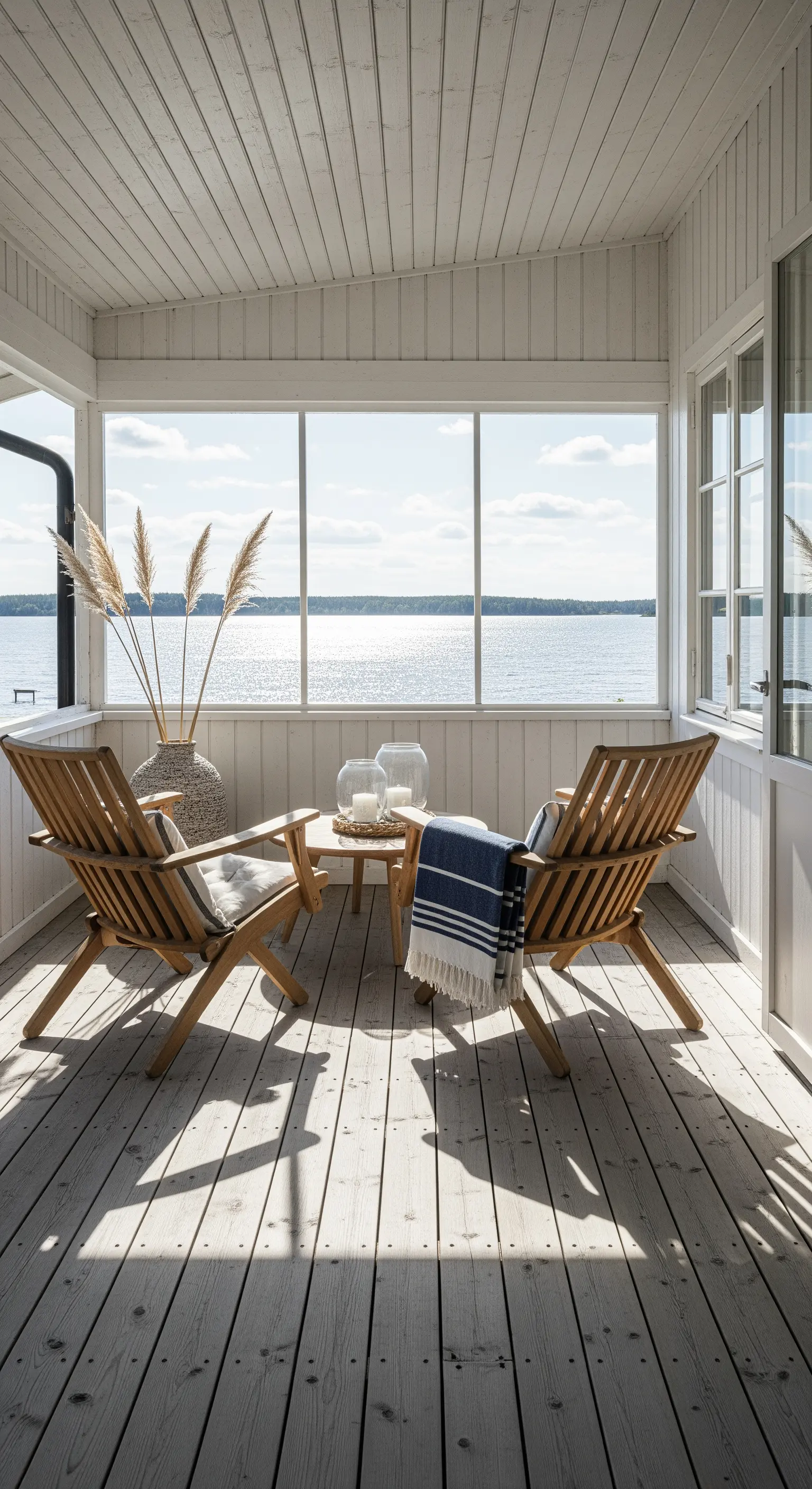 Veranda con vista lago, sedie in legno naturale e un vaso con erba della pampa.