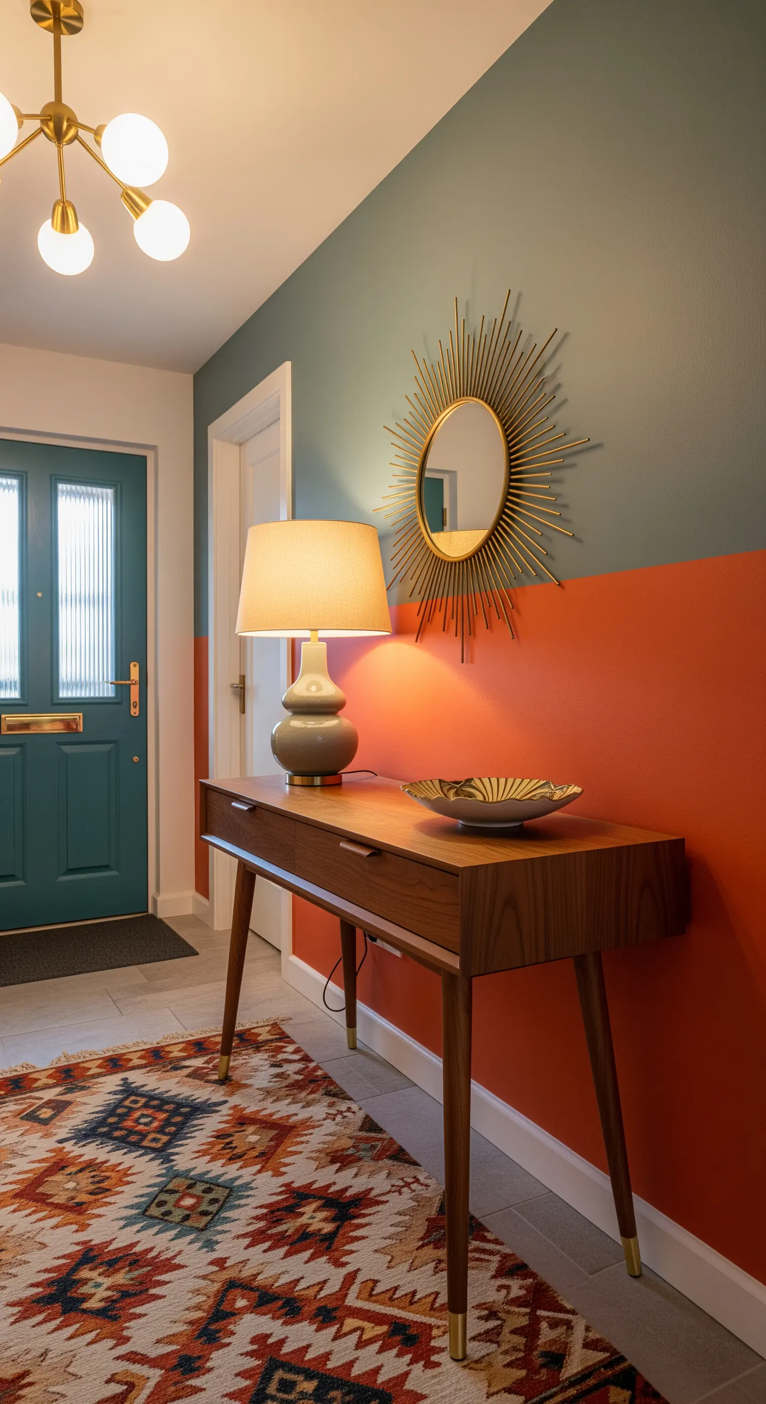 Ingresso Mid-Century con parete arancione e verde, consolle in noce e specchio a raggiera.