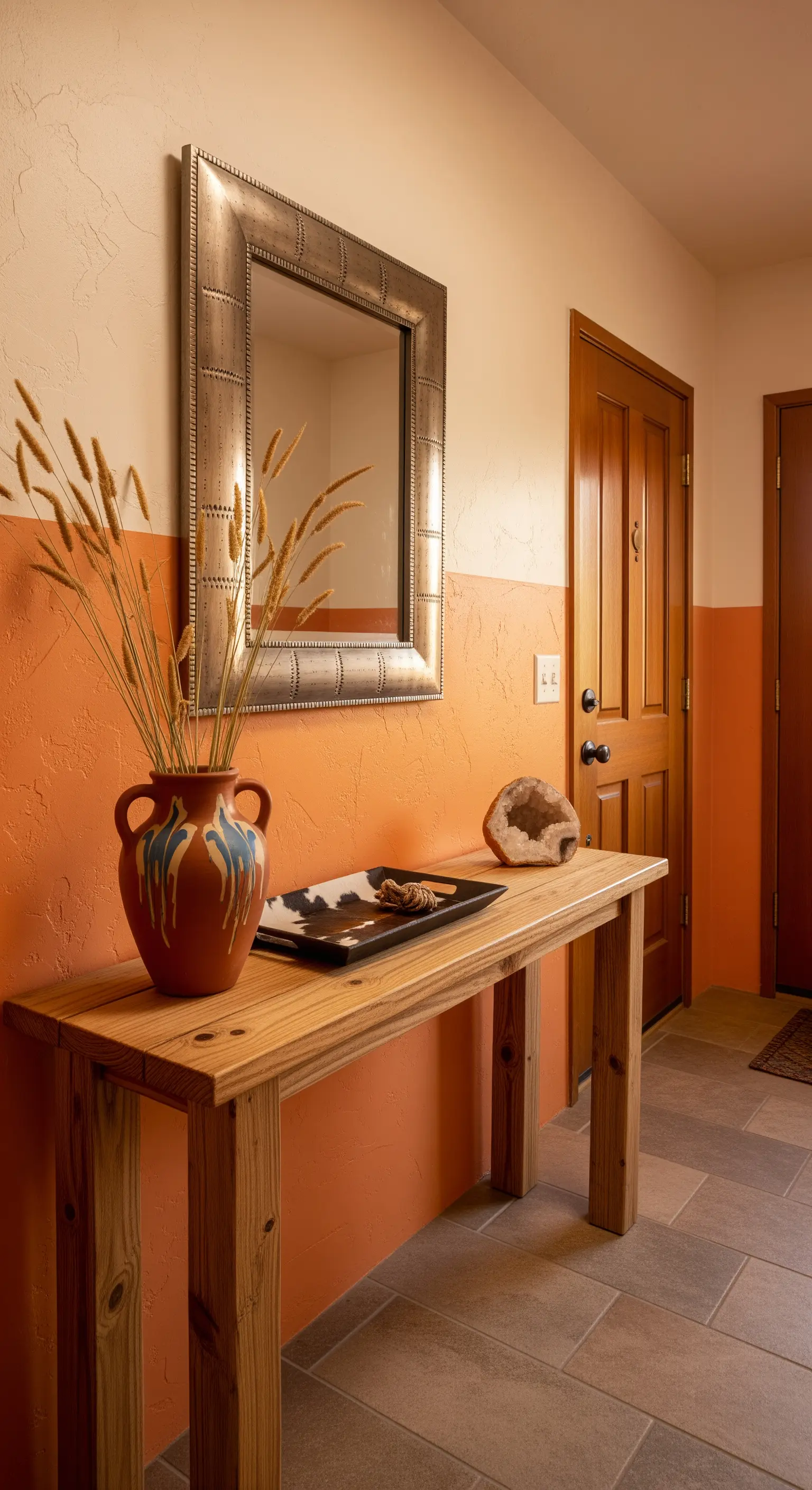 Ingresso in stile Southwestern con parete arancione texturizzata e consolle in legno grezzo.