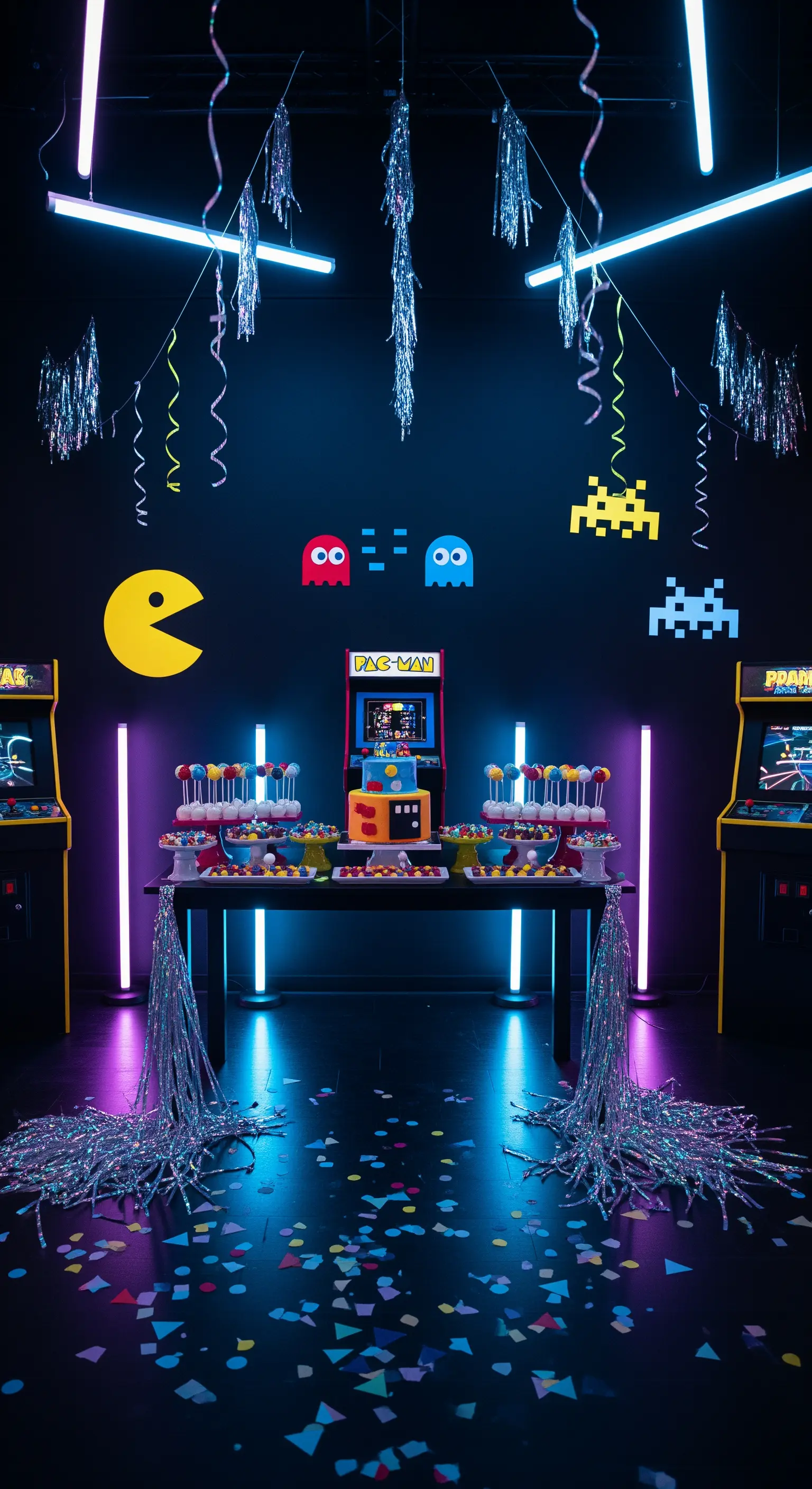 Allestimento festa a tema Pac-Man con luci al neon, macchine arcade e tavolo da buffet.