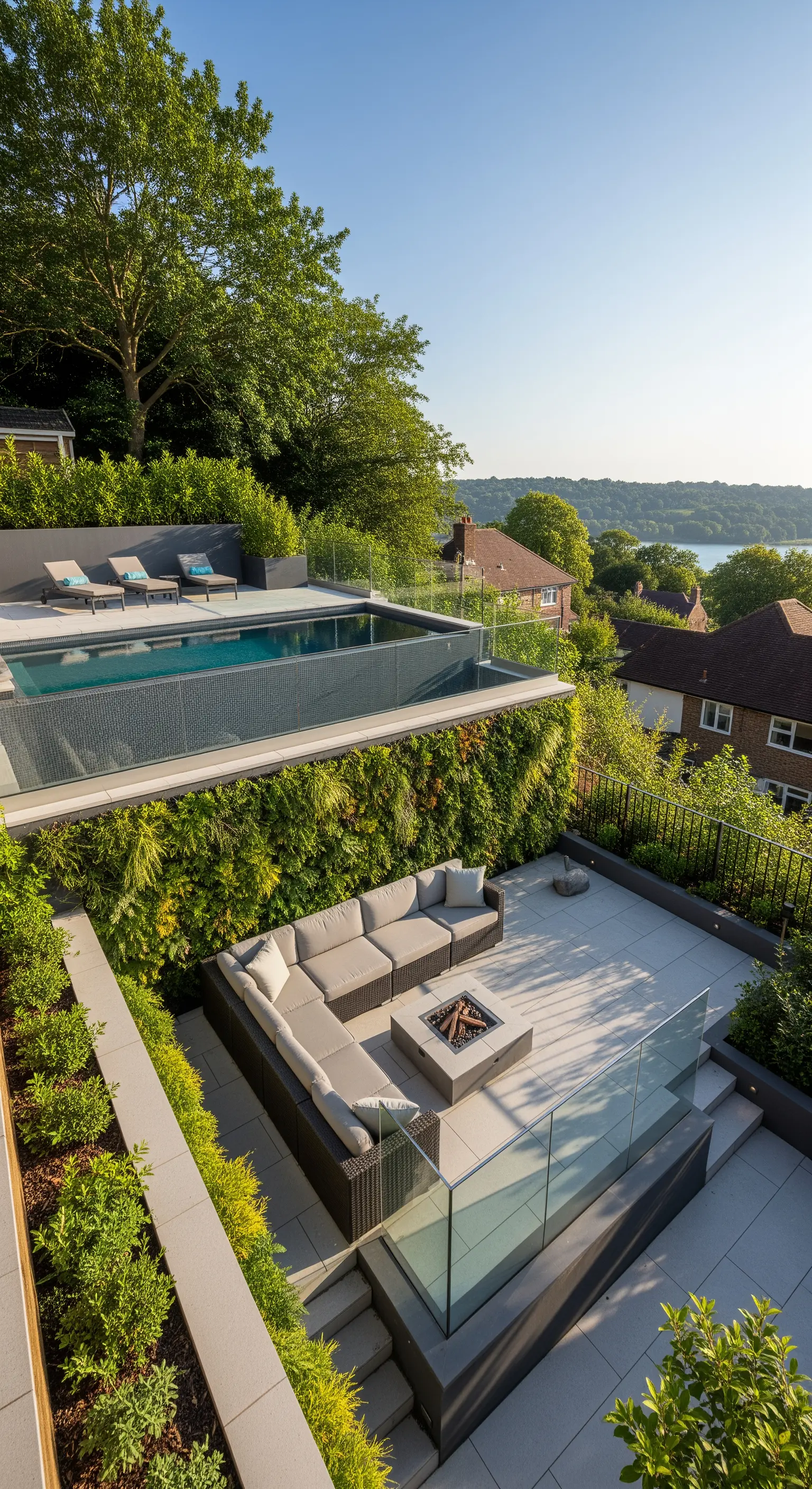Giardino a più livelli con piscina a sfioro, area lounge con braciere e pareti verdi.