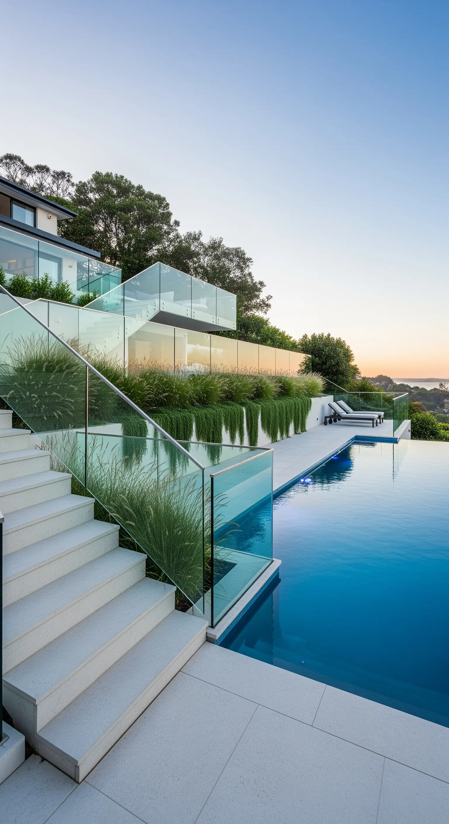 Casa moderna su più livelli con piscina a sfioro, scale bianche e balaustre in vetro.